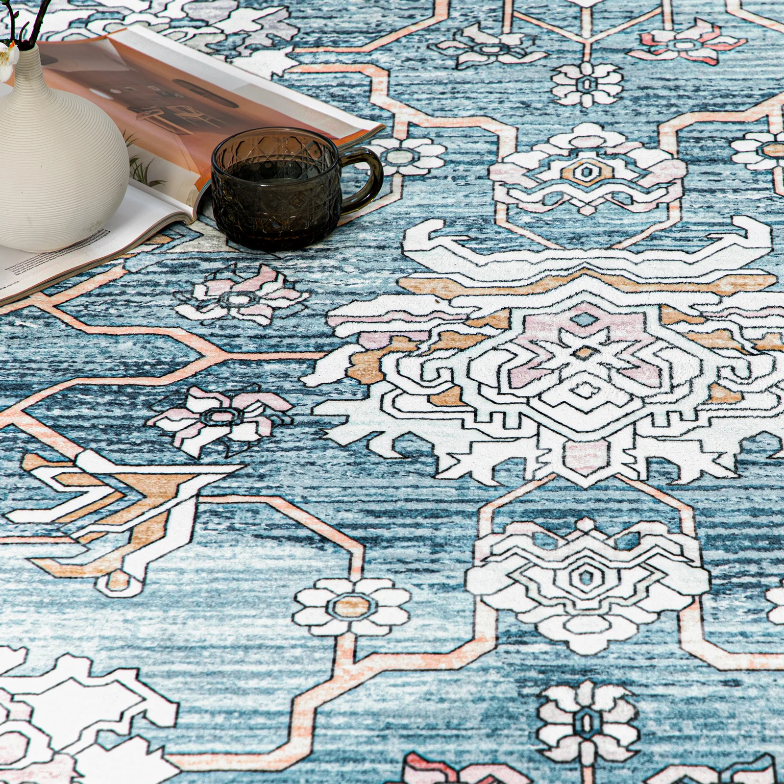 Rug Light Blue Hallway Runner Distressed Persian Carpet Washable 80x300cm - Image 5