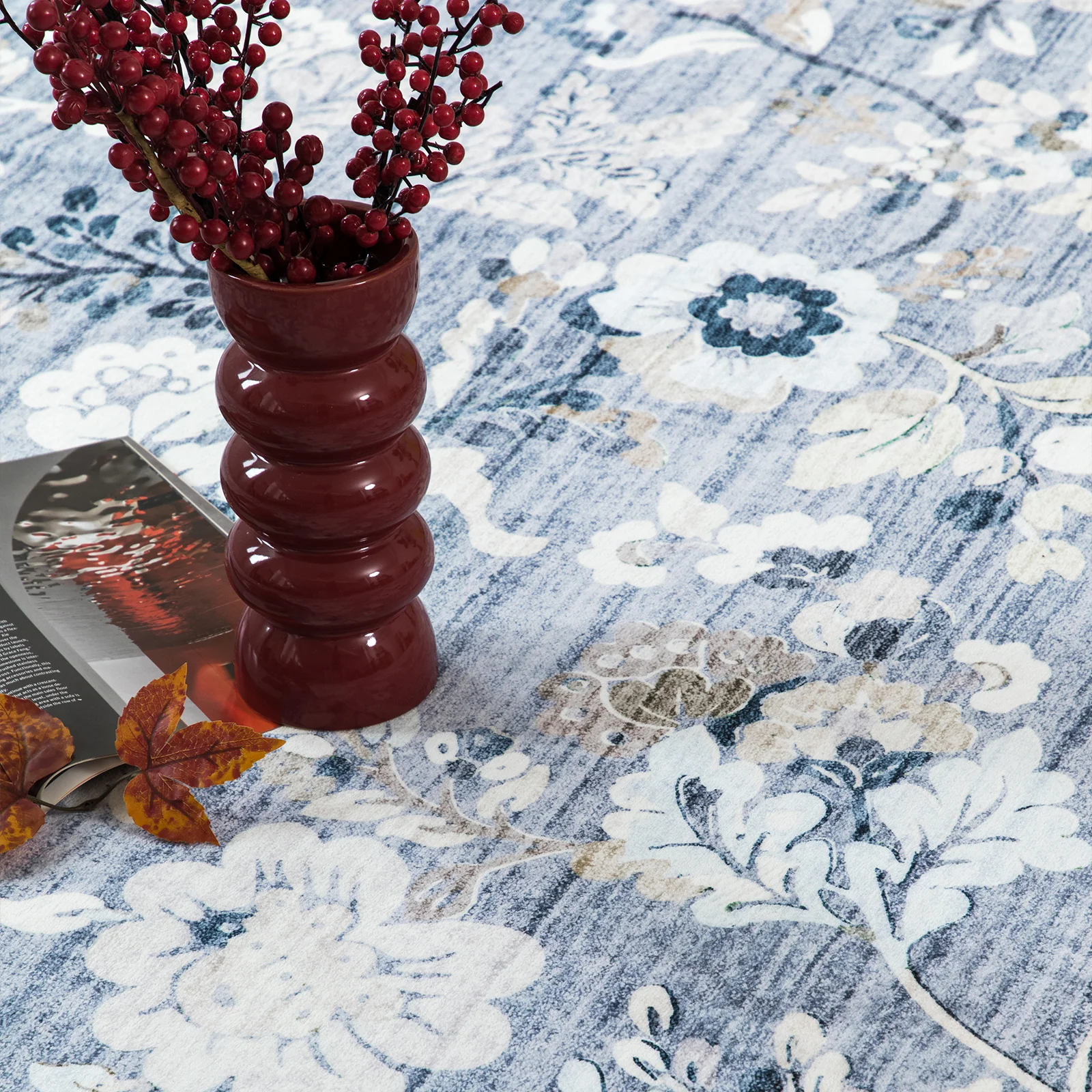 Sky Blue Hallway Runner Non Slip Corridor Rug Soft Allover Leaves Carpet 80x300cm - Image 10