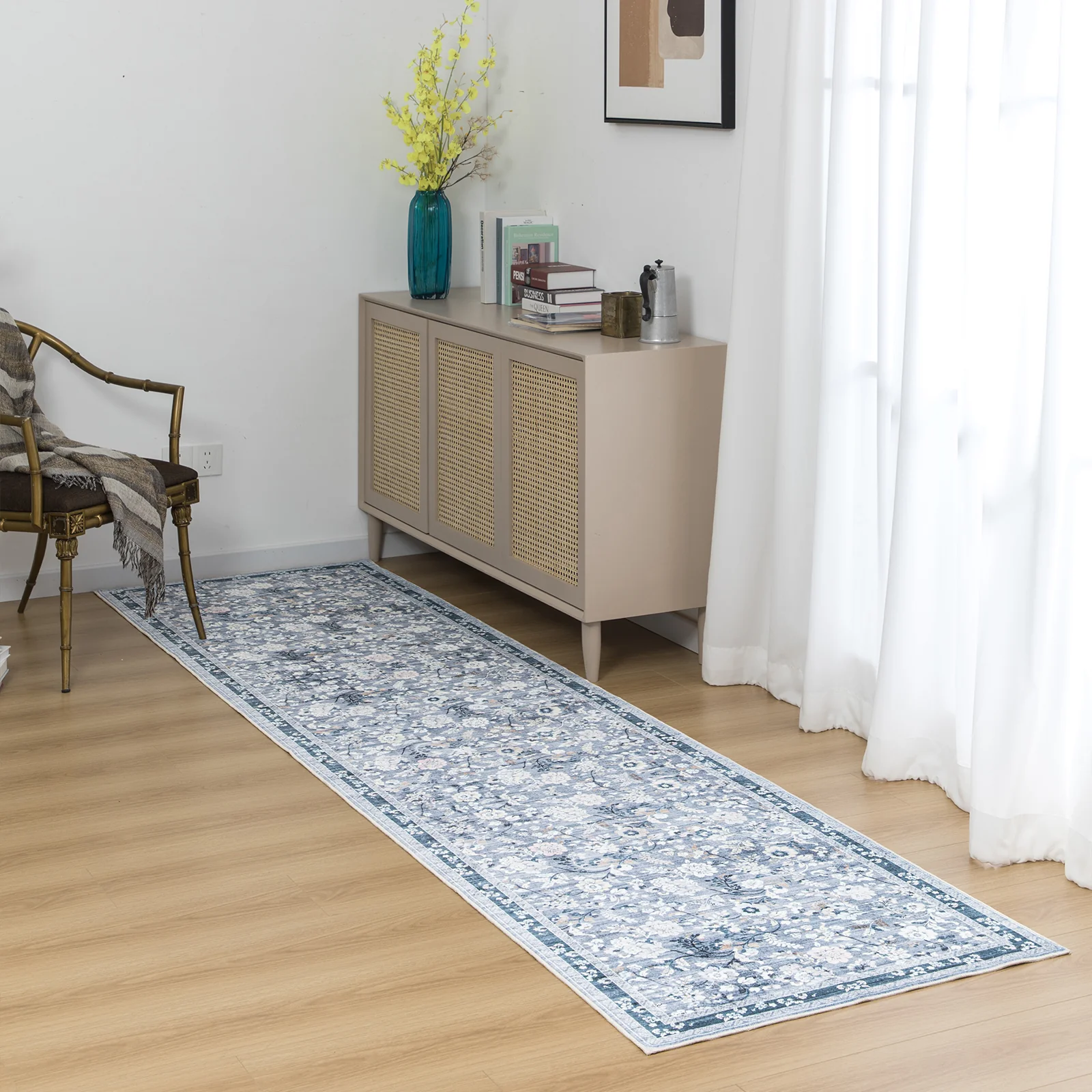 Sky Blue Hallway Runner Non Slip Corridor Rug Soft Allover Leaves Carpet 80x300cm - Image 5