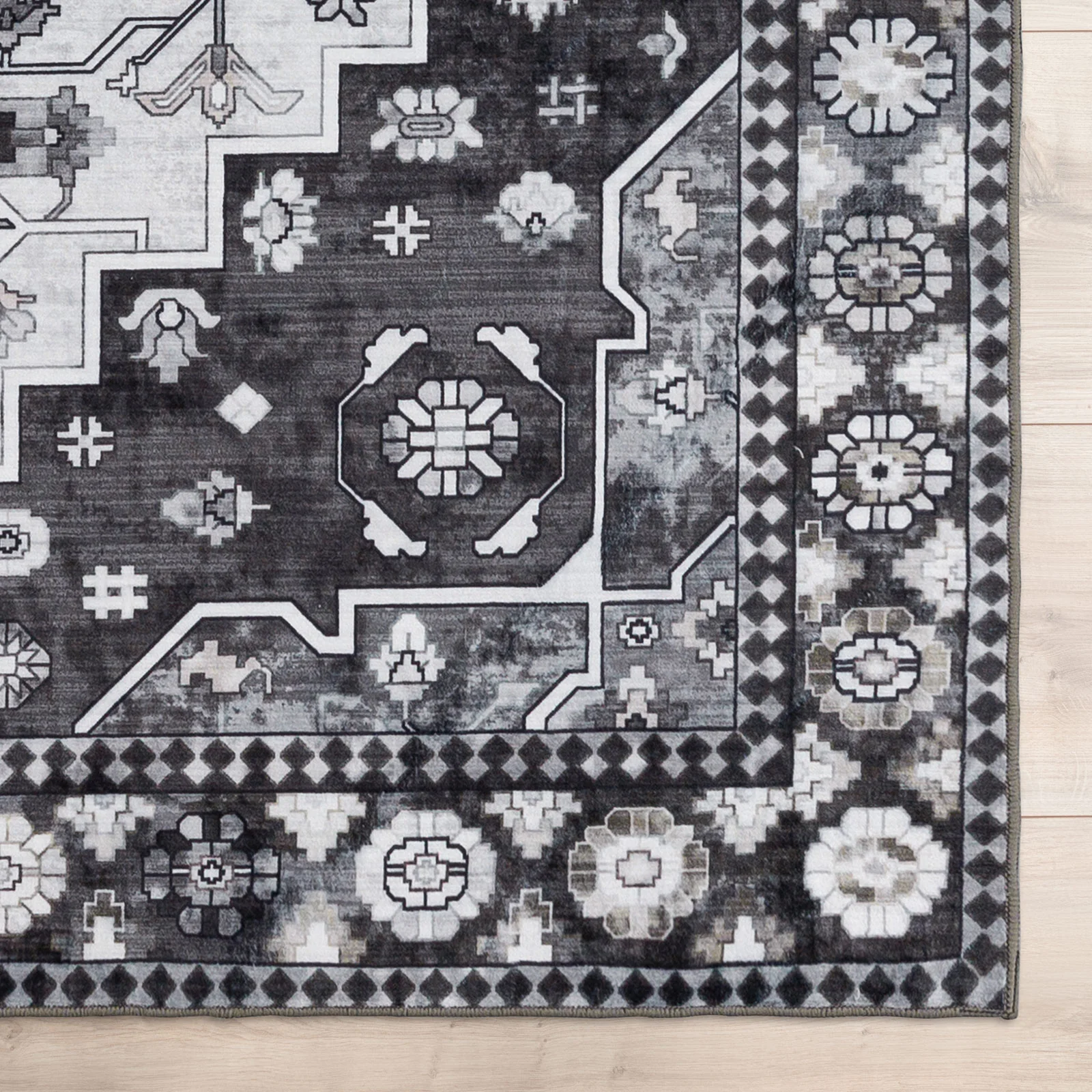 Charcoal Black Corridor Rug Soft Plush Non Slip Entry Way Traditional Rug Geometric Machine Washable 80x300cm - Image 3