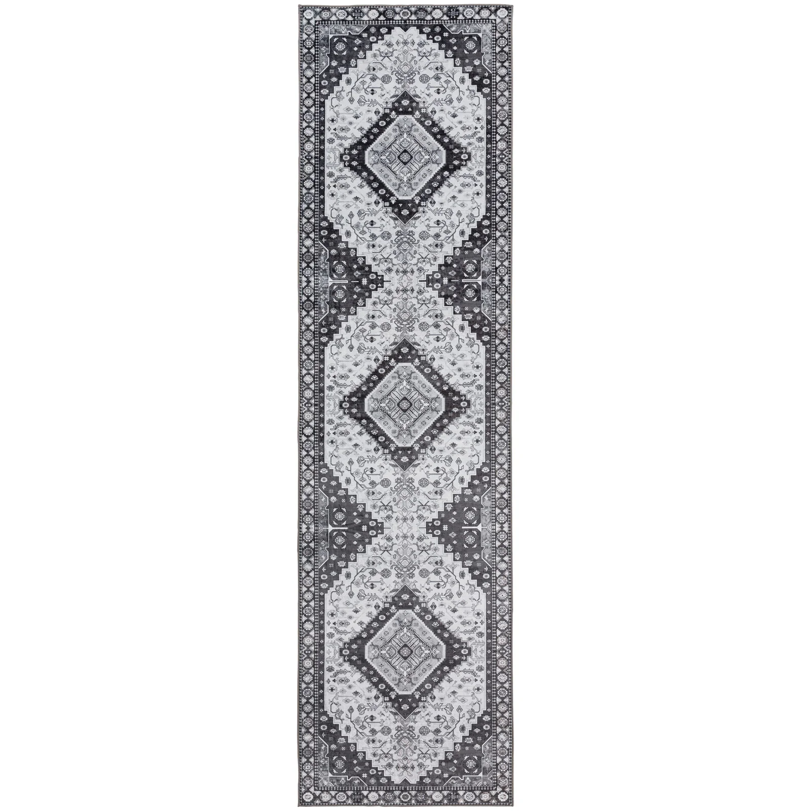 Charcoal Black Corridor Rug Soft Plush Non Slip Entry Way Traditional Rug Geometric Machine Washable 80x300cm - Image 4