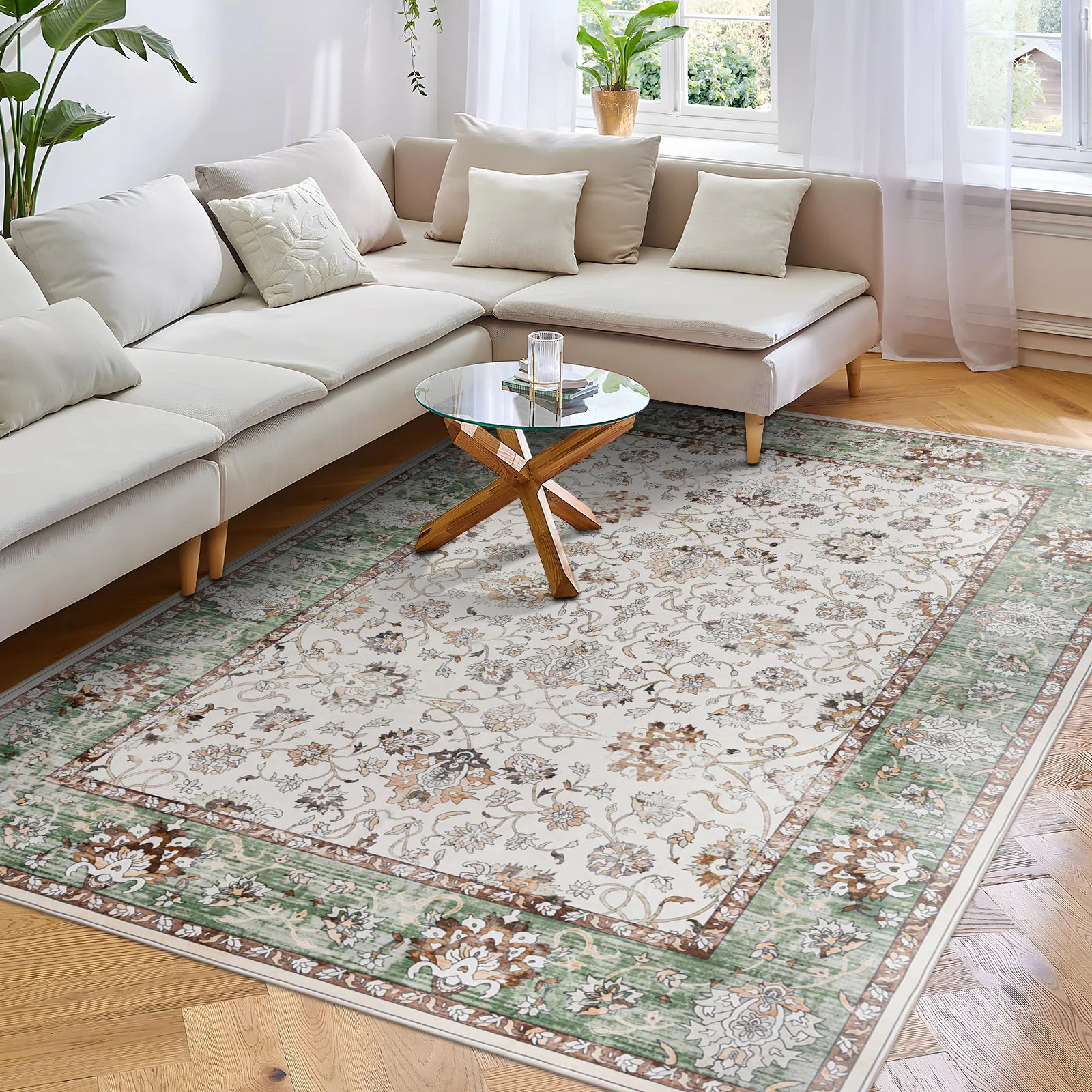 Clearance Extra Large Sage Green Area Rug Soft Traditional Carpet Machine Washable Mat - Image 2