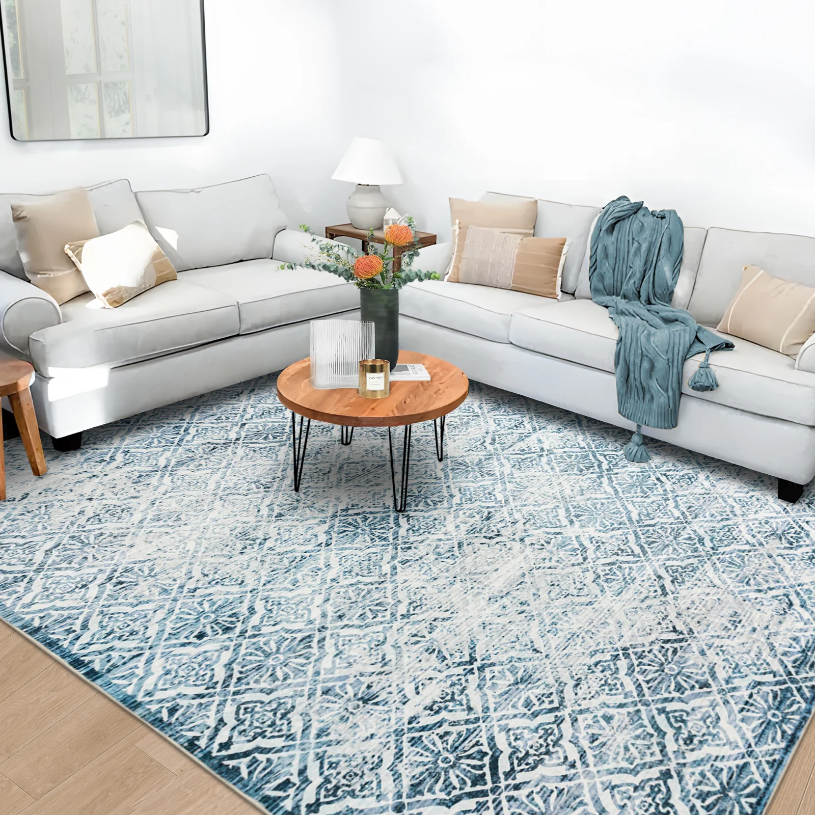 Clearance Extra Large Blue Rug Soft Distressed Diamond Modern Lounges Carpet Non Slip Machine Washable Mat - Image 10