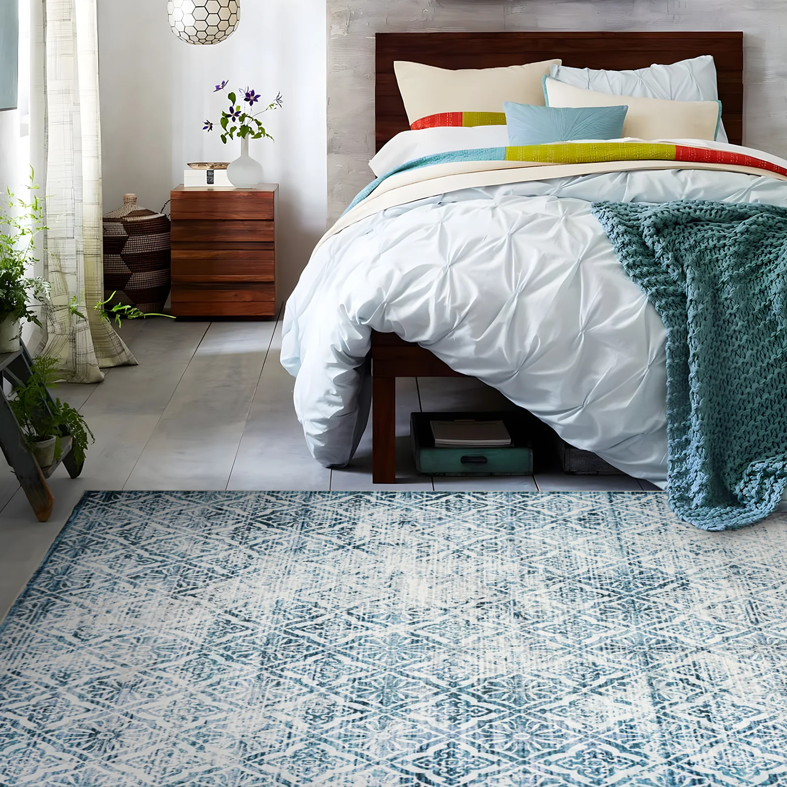 Clearance Extra Large Blue Rug Soft Distressed Diamond Modern Lounges Carpet Non Slip Machine Washable Mat - Image 11