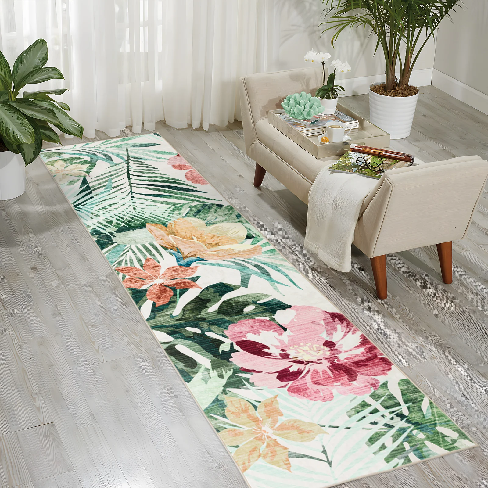 Extra Large Floor Rug Green Pink Tropical Bloom Modern Carpet Machine Washable Mat - Image 12