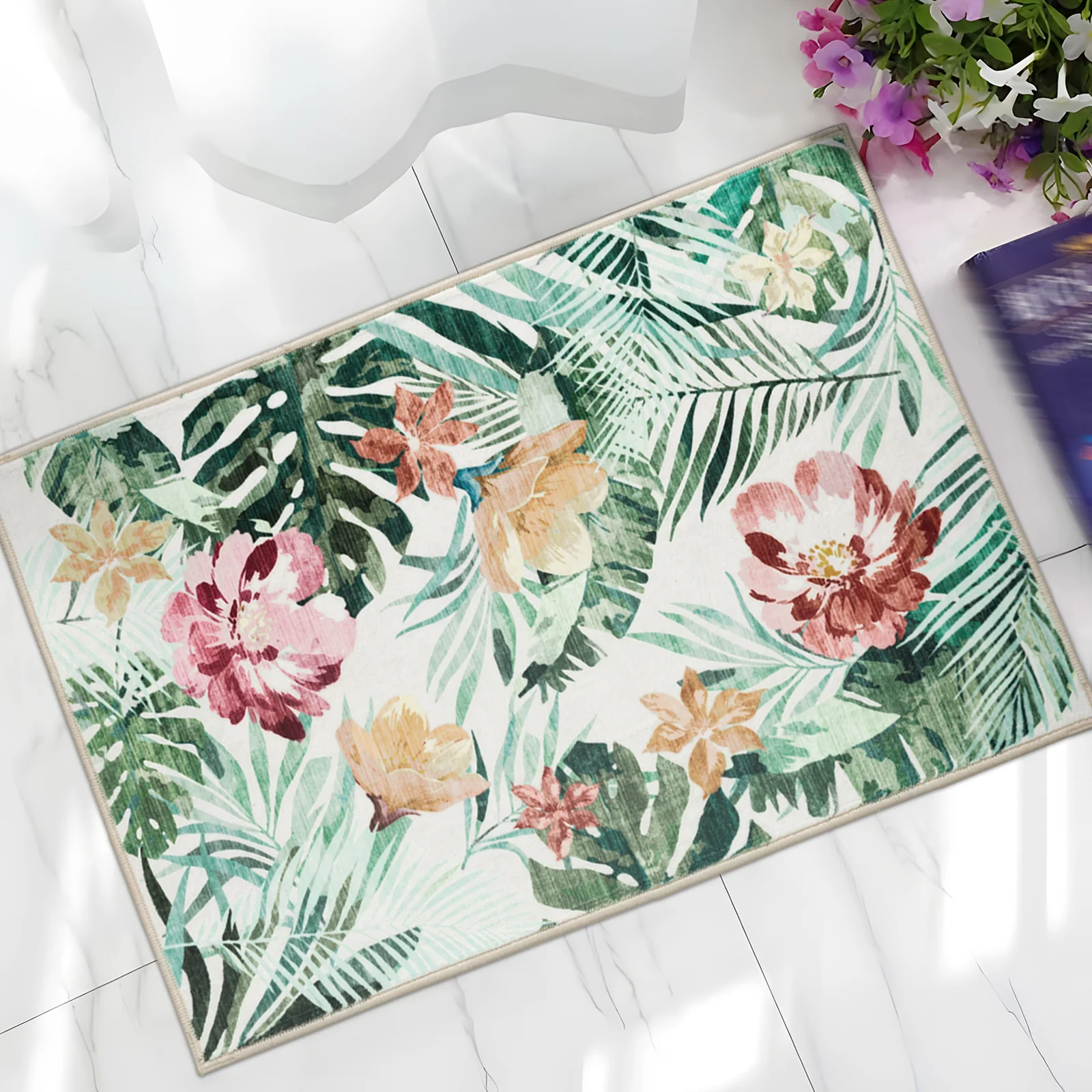 Extra Large Floor Rug Green Pink Tropical Bloom Modern Carpet Machine Washable Mat - Image 14