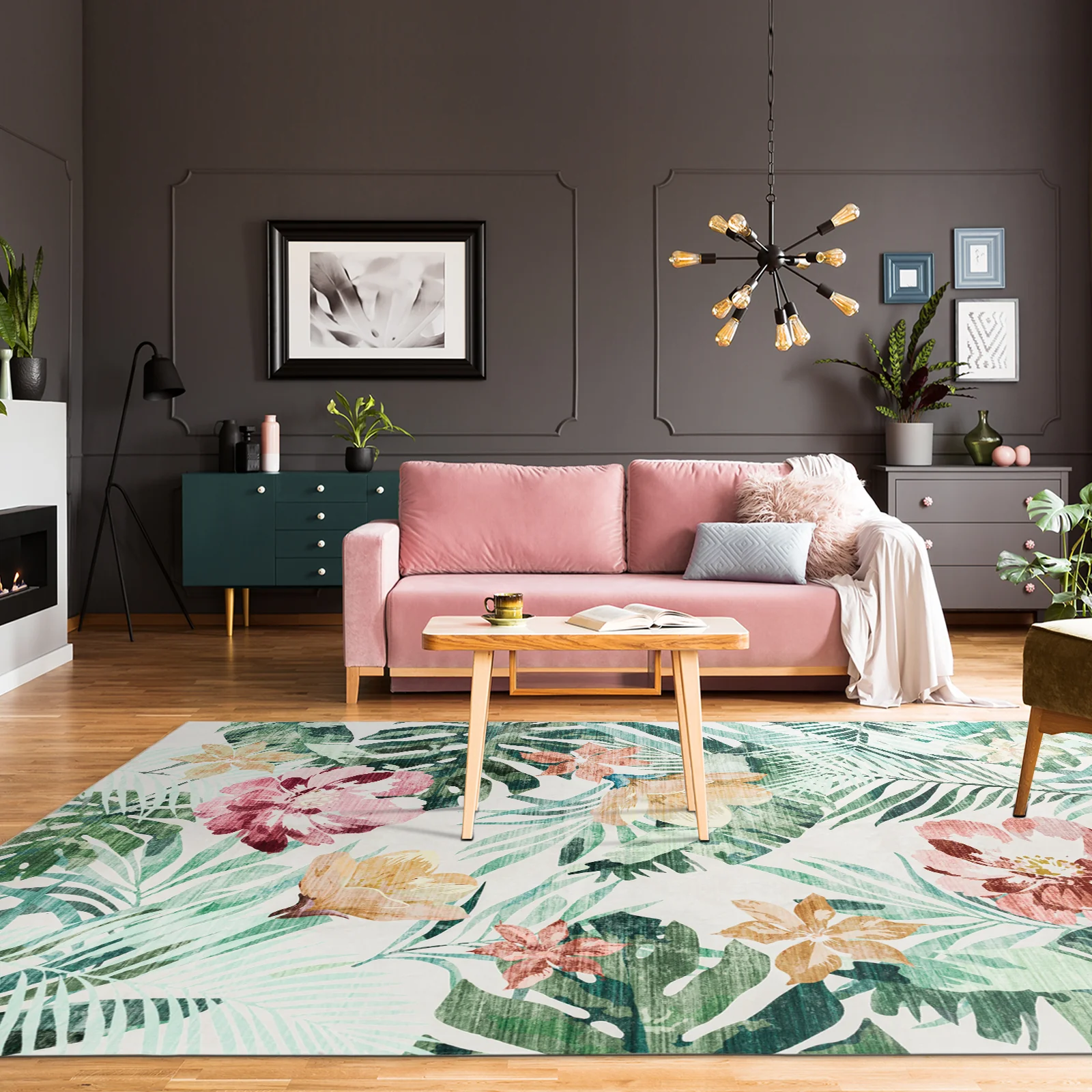 Extra Large Floor Rug Green Pink Tropical Bloom Modern Carpet Machine Washable Mat - Image 3