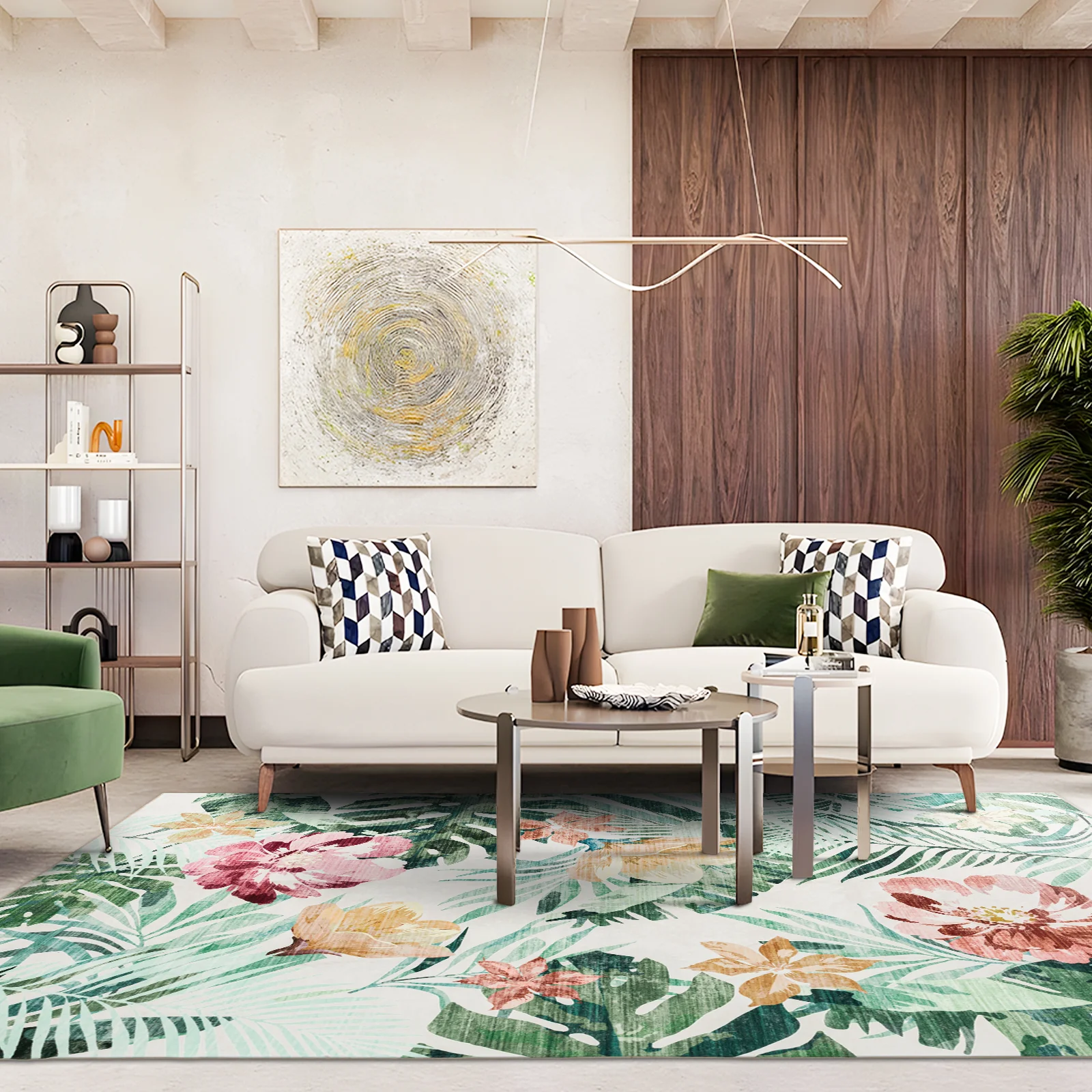 Extra Large Floor Rug Green Pink Tropical Bloom Modern Carpet Machine Washable Mat - Image 4