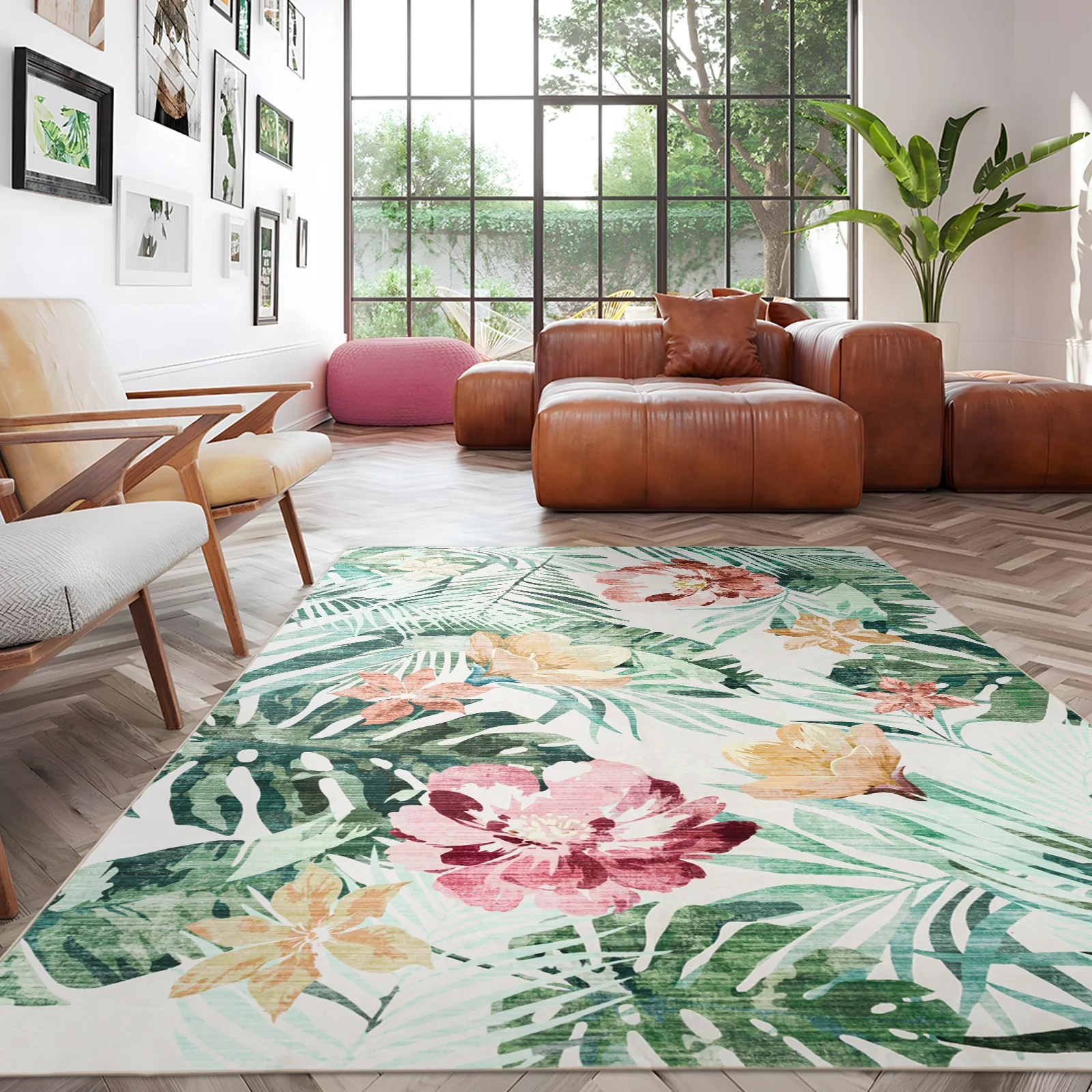Extra Large Floor Rug Green Pink Tropical Bloom Modern Carpet Machine Washable Mat - Image 5