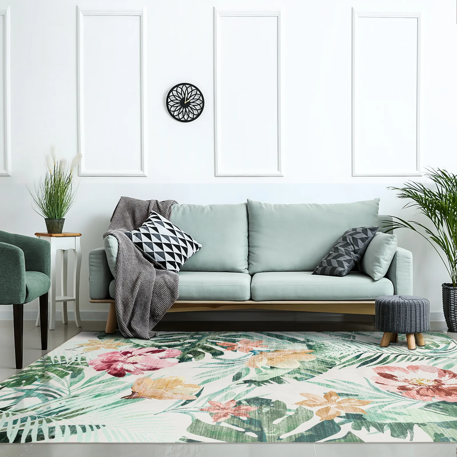 Extra Large Floor Rug Green Pink Tropical Bloom Modern Carpet Machine Washable Mat - Image 6