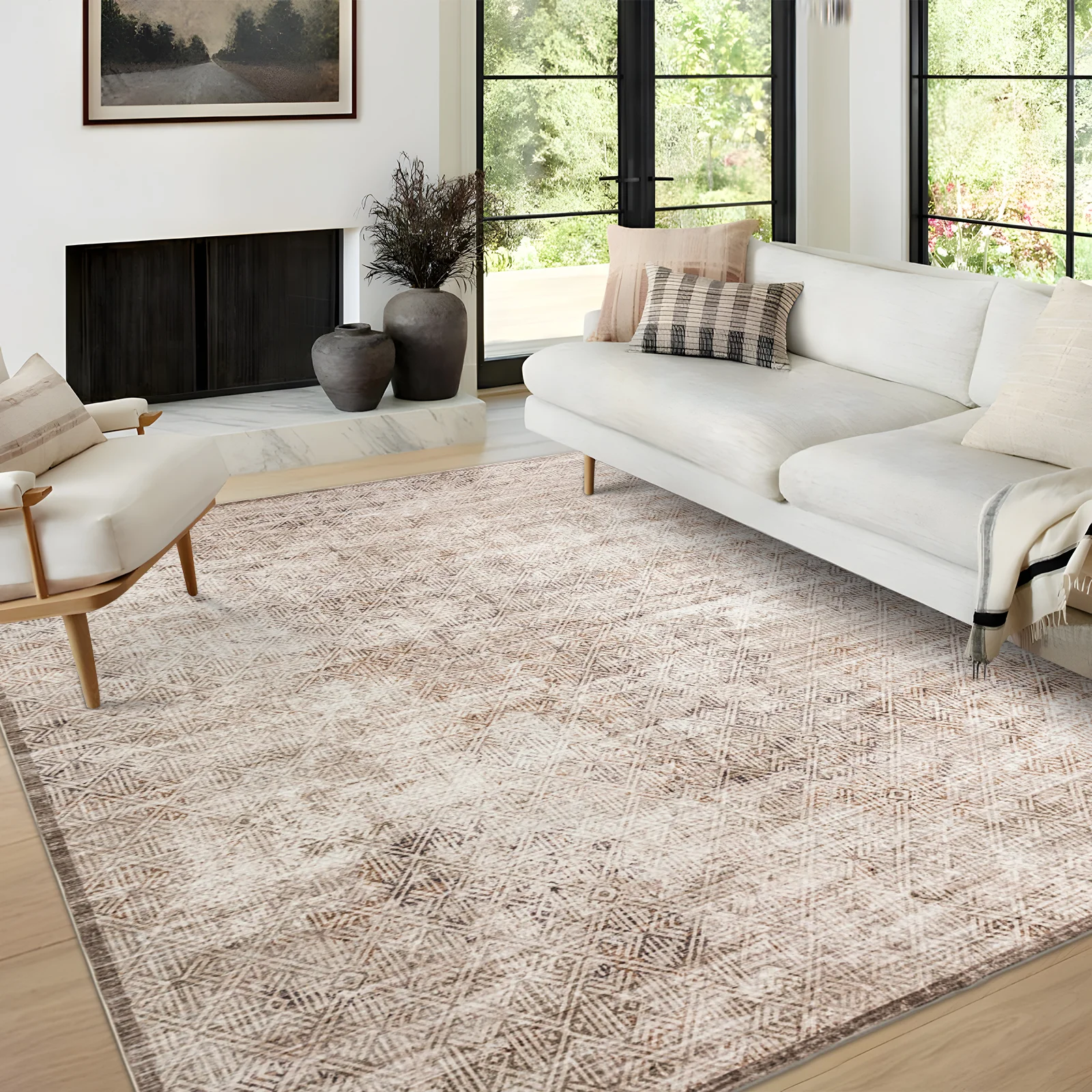Clearance Extra Large Beige Area Rug Soft Distressed Diamond Modern Carpet Machine Washable Mat - Image 4