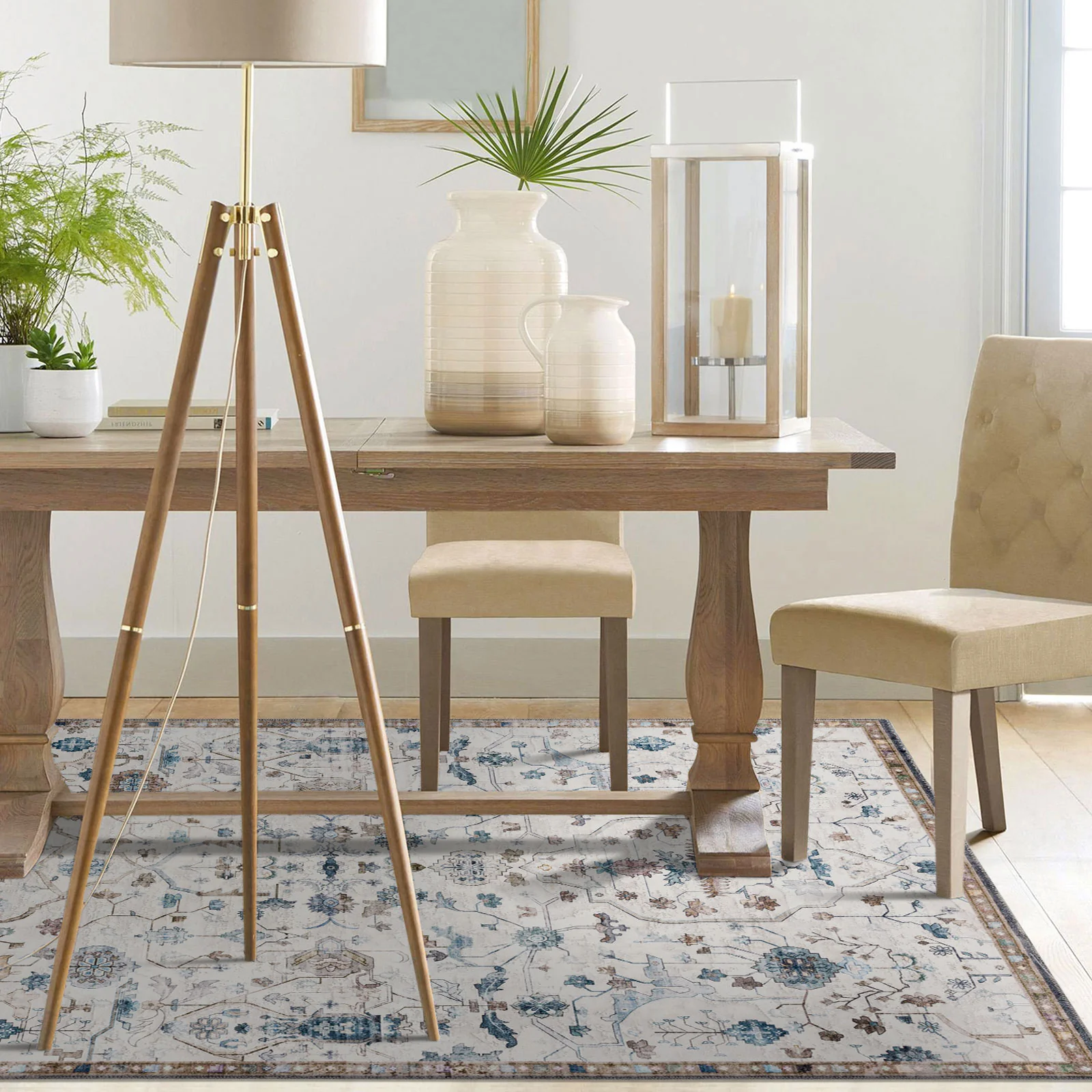 Clearance Extra Large Floor Rug Beige Beautiful Distressed Floral Carpet Soft Runner Rugs Machine Washable - Image 3