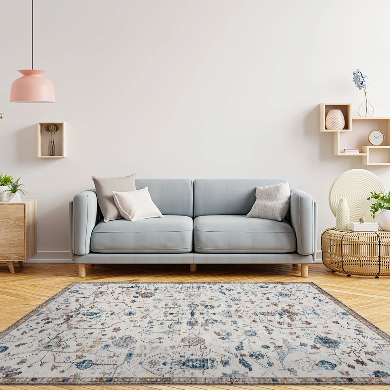 Clearance Extra Large Floor Rug Beige Beautiful Distressed Floral Carpet Soft Runner Rugs Machine Washable - Image 6