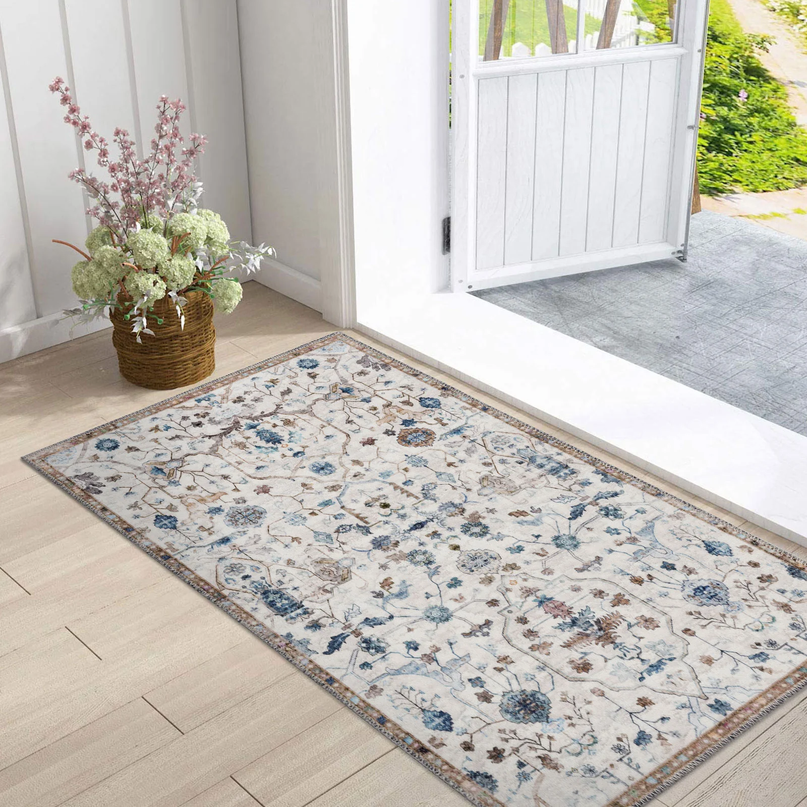 Clearance Extra Large Floor Rug Beige Beautiful Distressed Floral Carpet Soft Runner Rugs Machine Washable - Image 7
