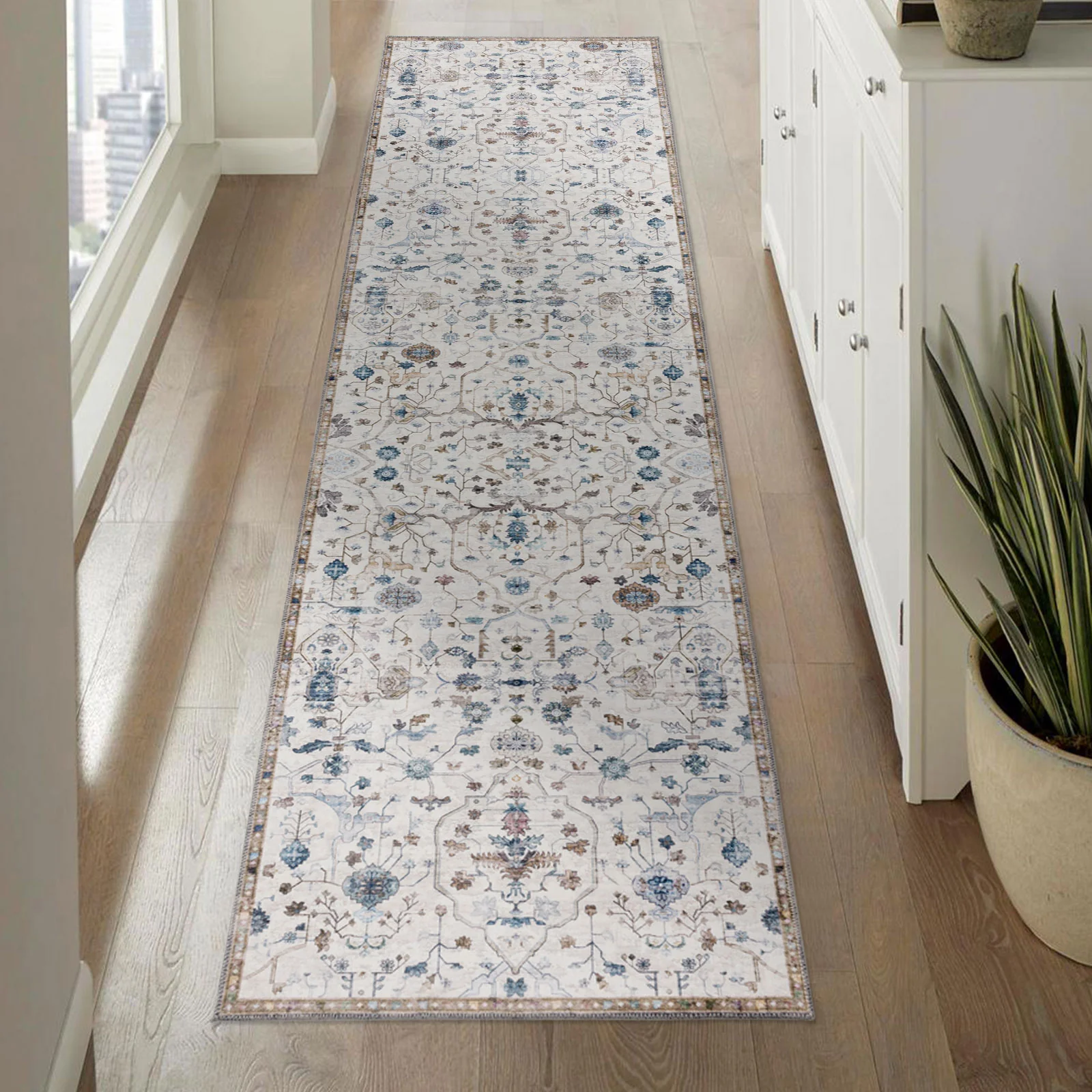 Clearance Extra Large Floor Rug Beige Beautiful Distressed Floral Carpet Soft Runner Rugs Machine Washable - Image 9