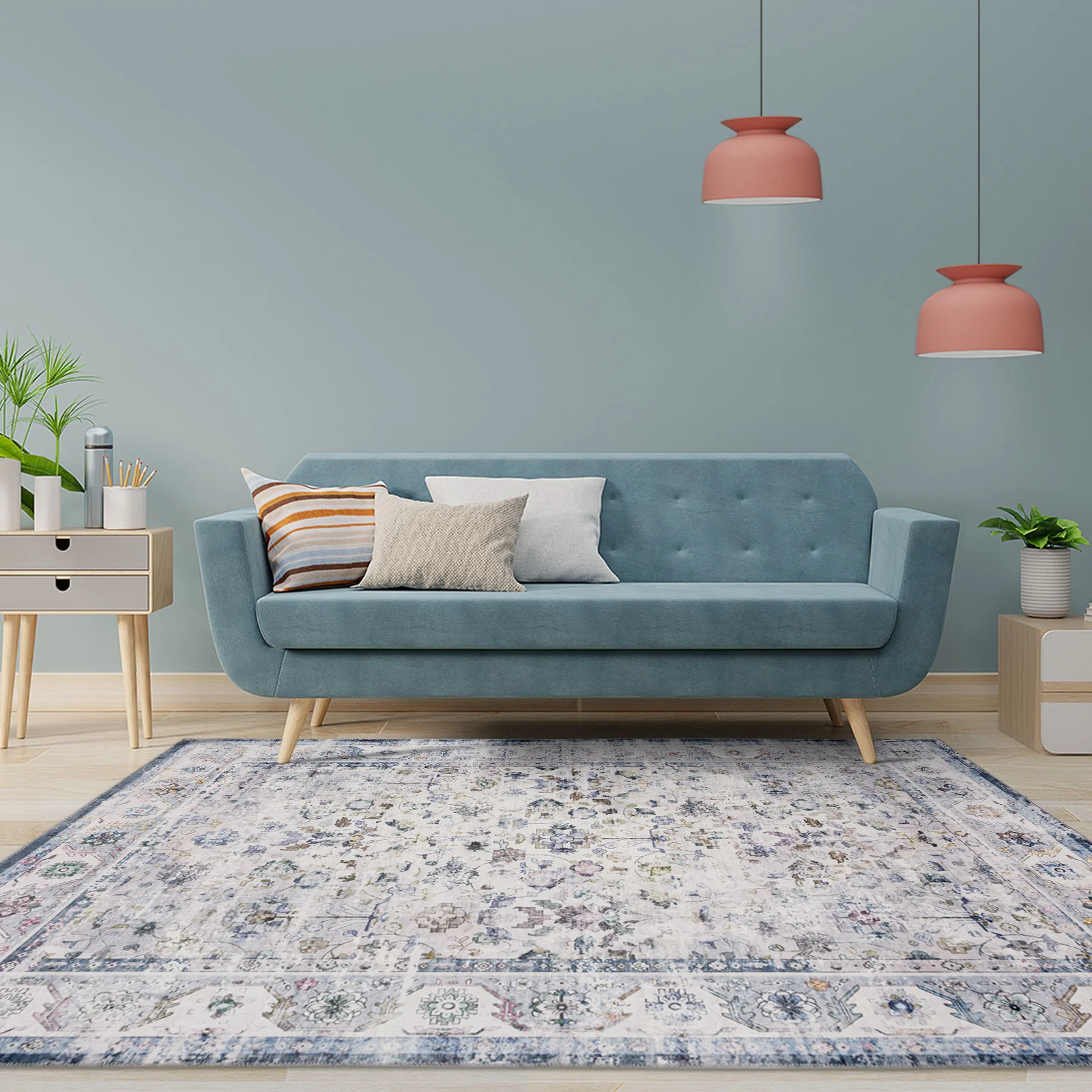 Extra Large Floor Rug Blue Ivory Allover Distressed Machine Washable Carpet Runner Rugs Washable - Image 10