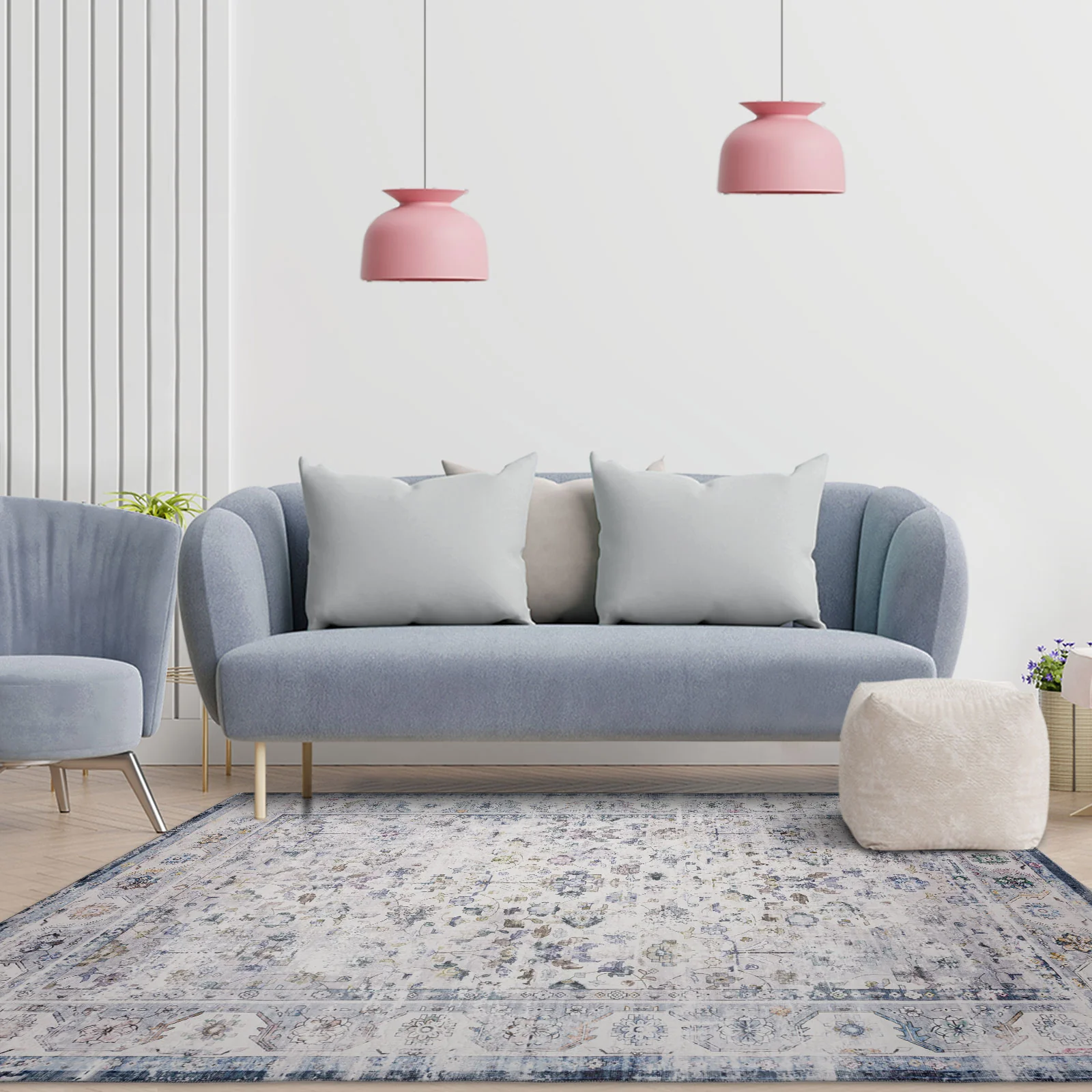 Extra Large Floor Rug Blue Ivory Allover Distressed Machine Washable Carpet Runner Rugs Washable - Image 3