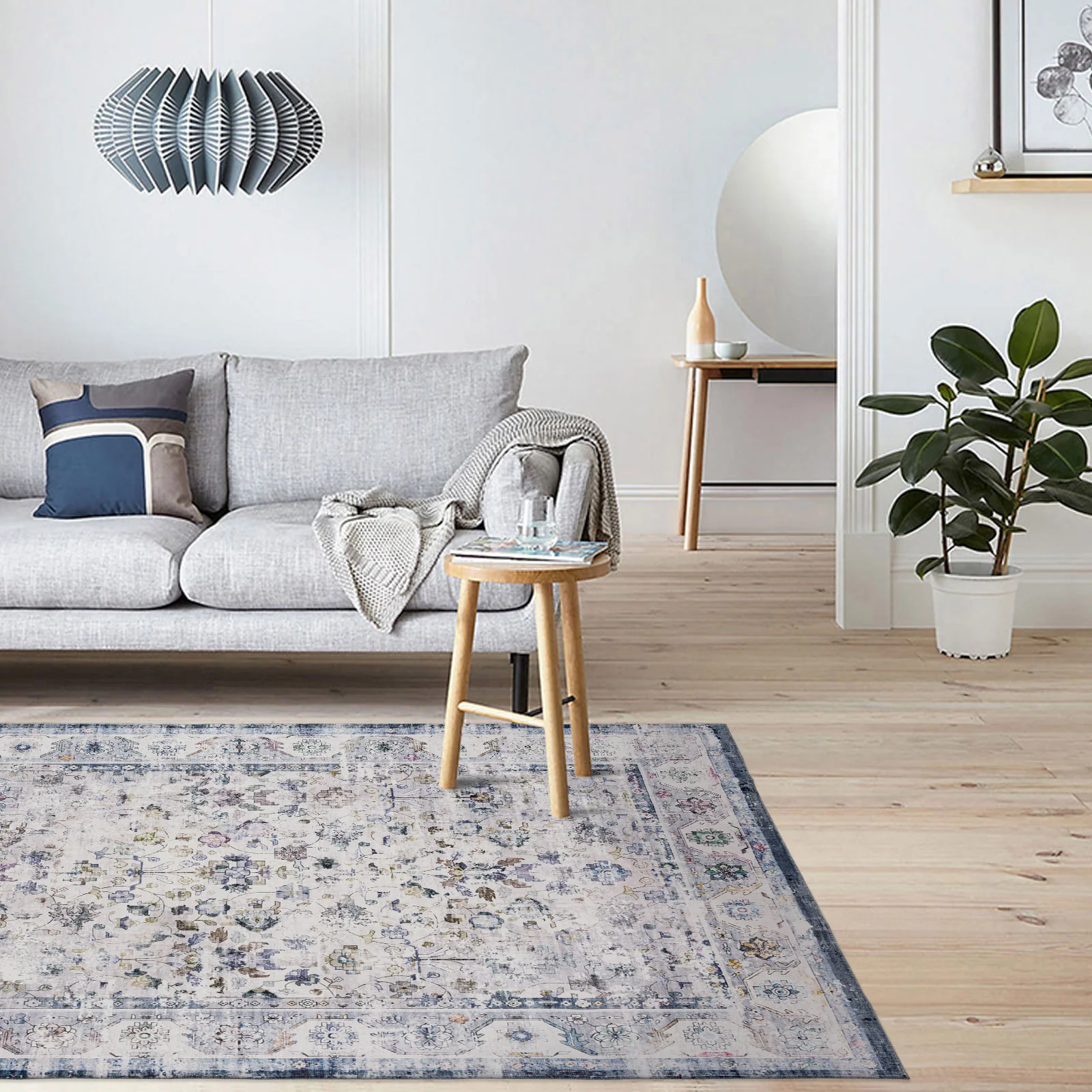 Extra Large Floor Rug Blue Ivory Allover Distressed Machine Washable Carpet Runner Rugs Washable - Image 5
