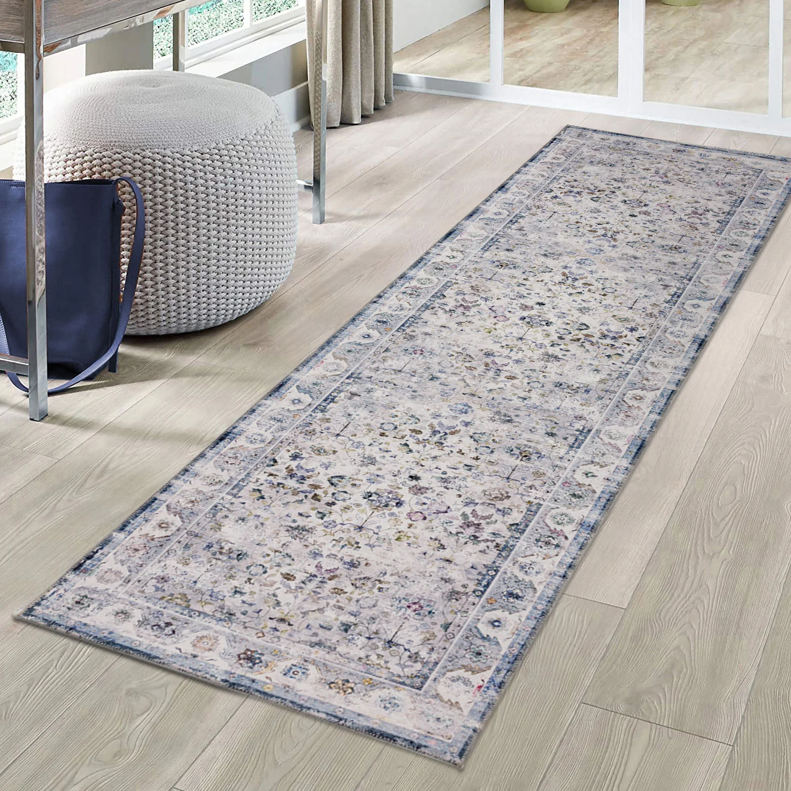 Extra Large Floor Rug Blue Ivory Allover Distressed Machine Washable Carpet Runner Rugs Washable - Image 7