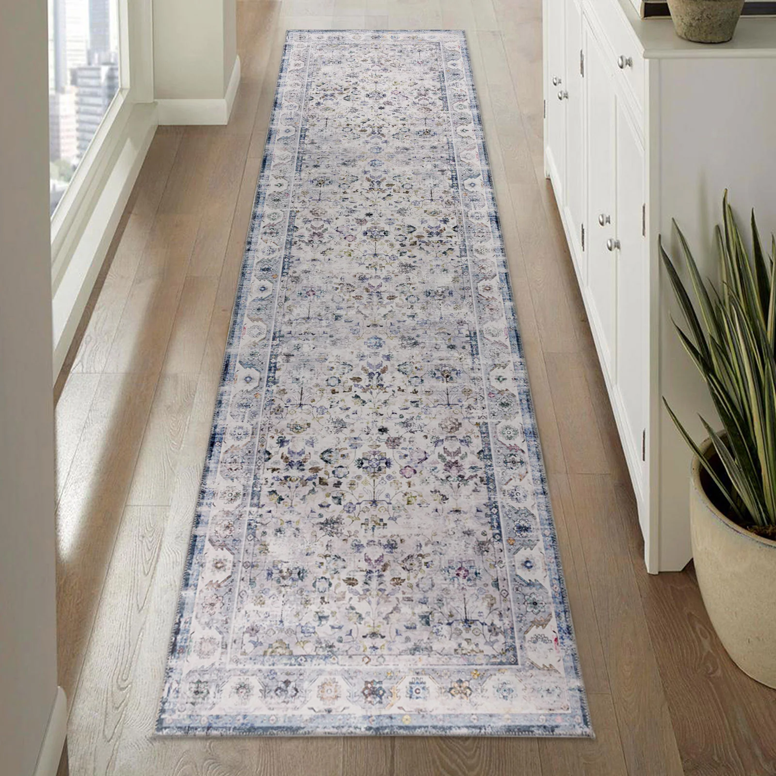 Extra Large Floor Rug Blue Ivory Allover Distressed Machine Washable Carpet Runner Rugs Washable - Image 8