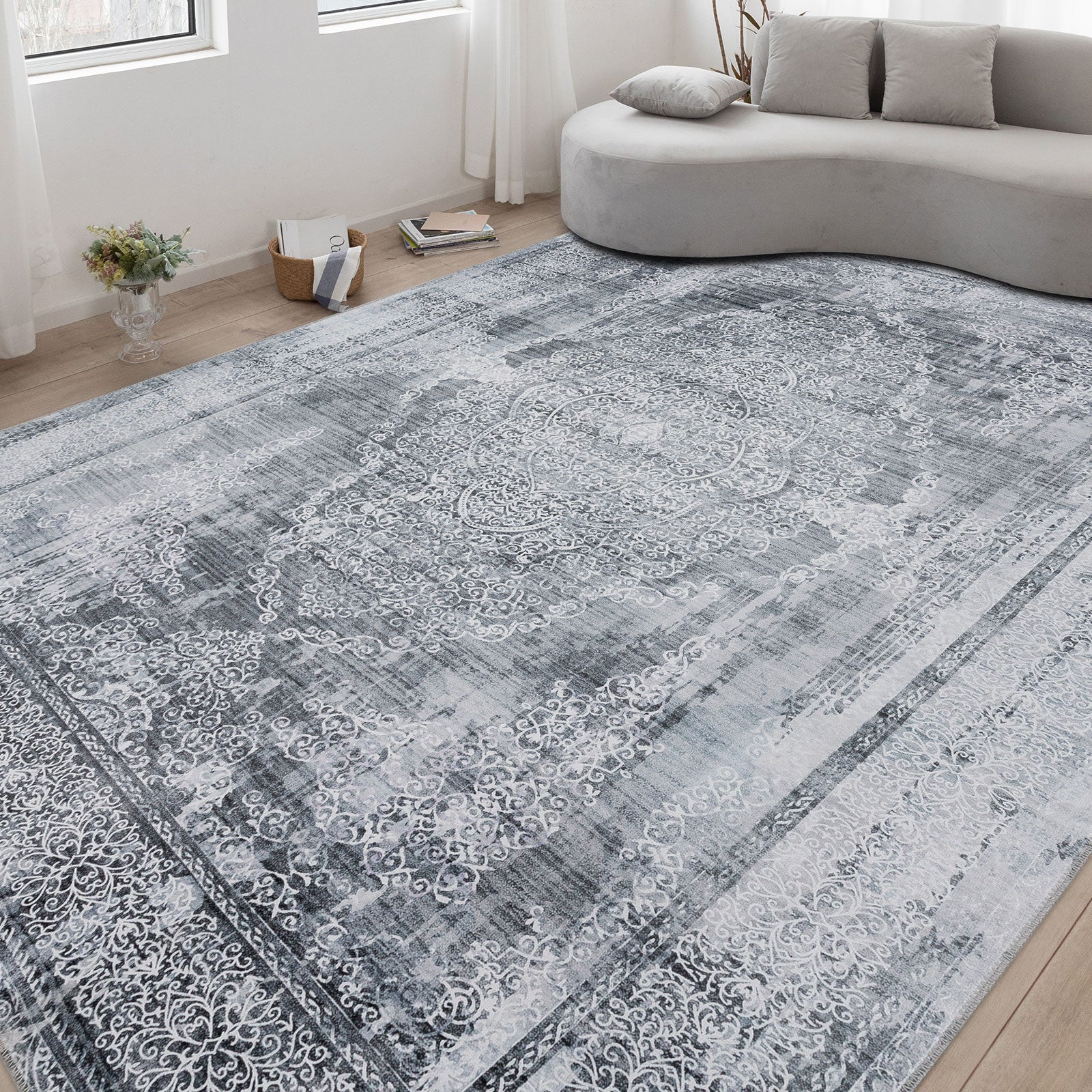 Extra Large Rug Silver Grey Slate Beautiful Paisley Medallion Carpet High Traffic Machine Washable - Image 3