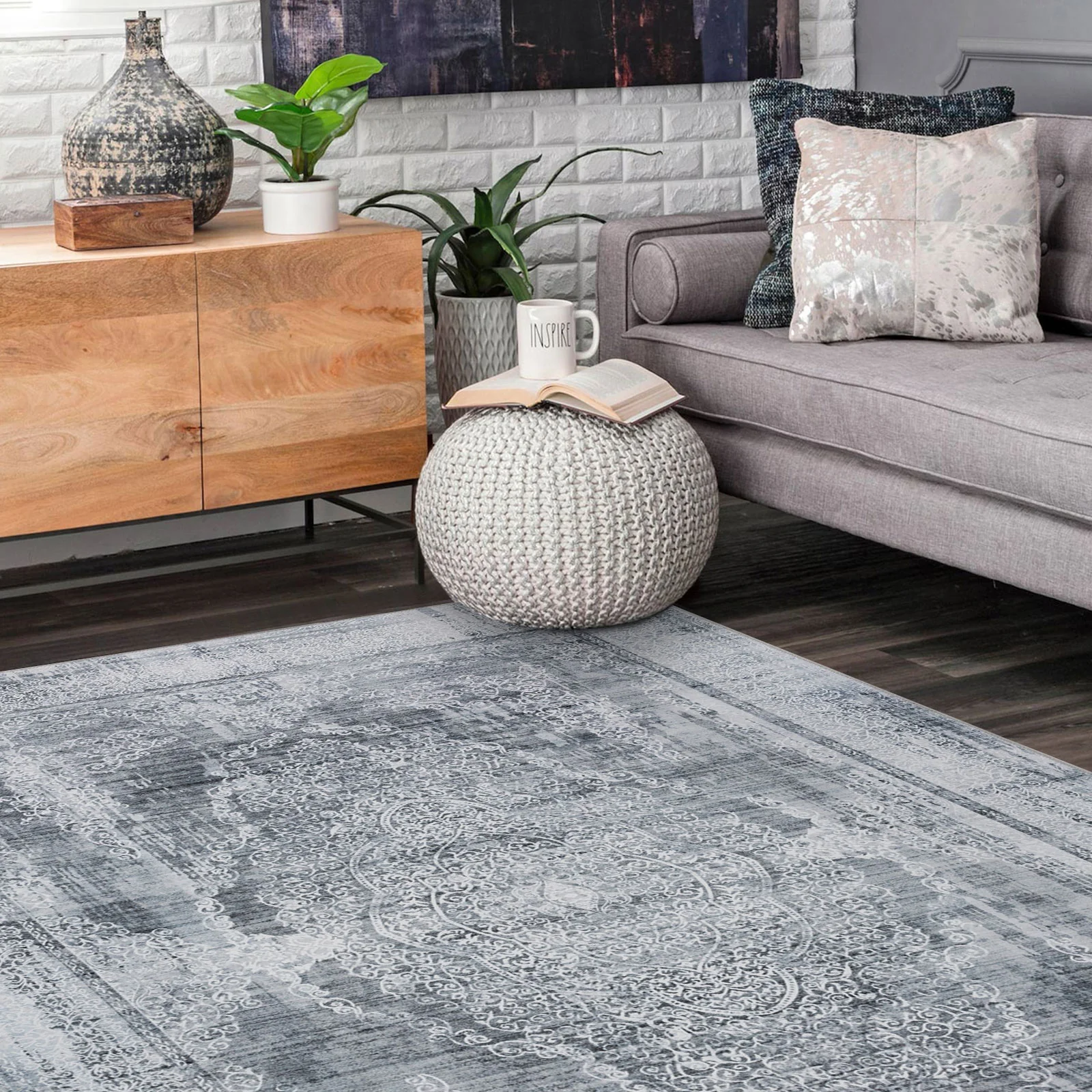 Extra Large Rug Silver Grey Slate Beautiful Paisley Medallion Carpet High Traffic Machine Washable - Image 6