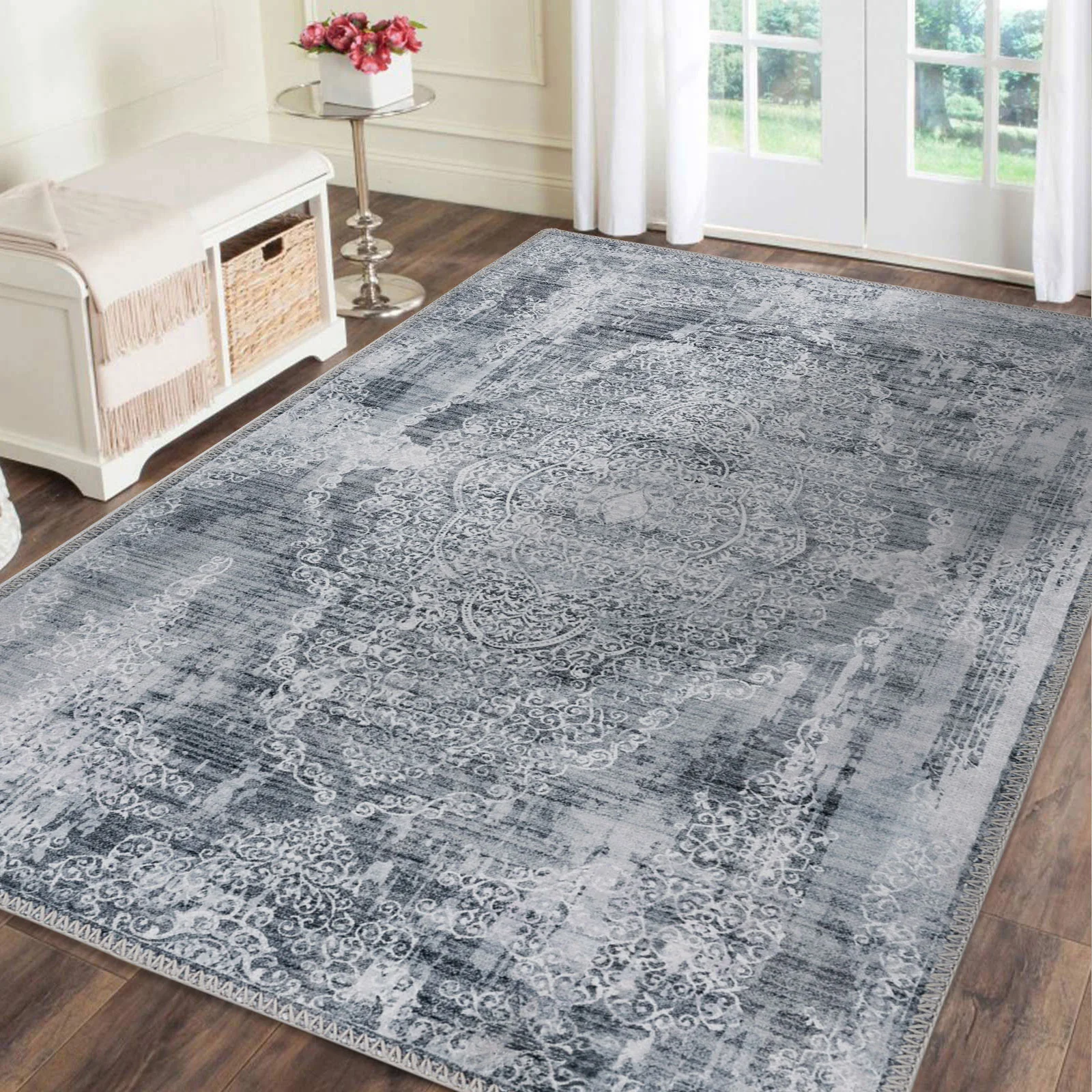 Extra Large Rug Silver Grey Slate Beautiful Paisley Medallion Carpet High Traffic Machine Washable - Image 7