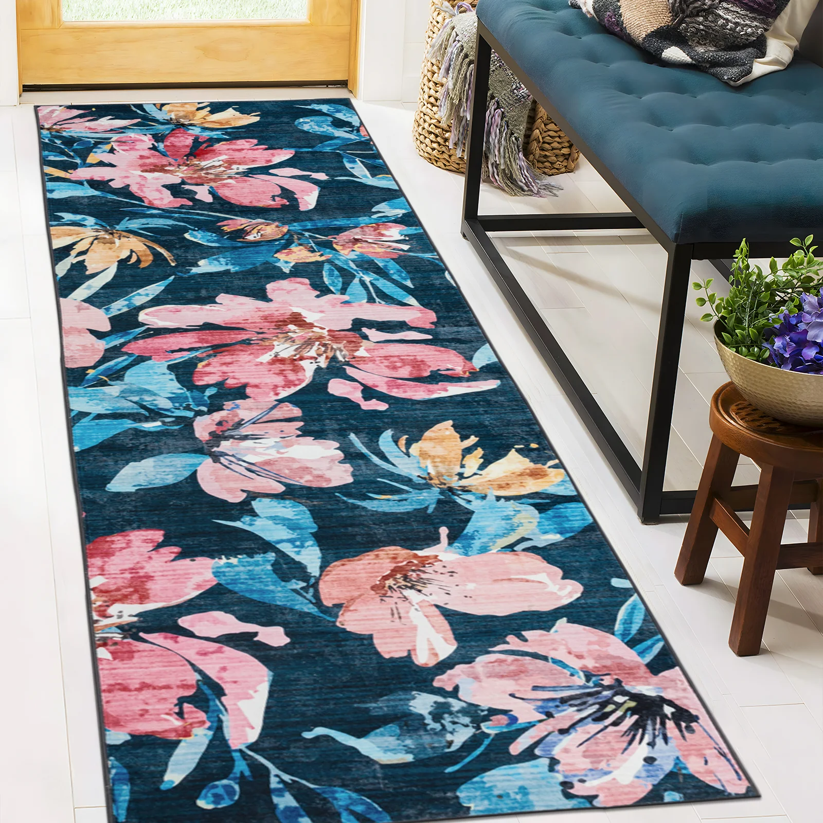 Dark Blue Hallway Runner Non Slip Modern Floor Rugs Floral Washable Mat 80x300cm - Image 2