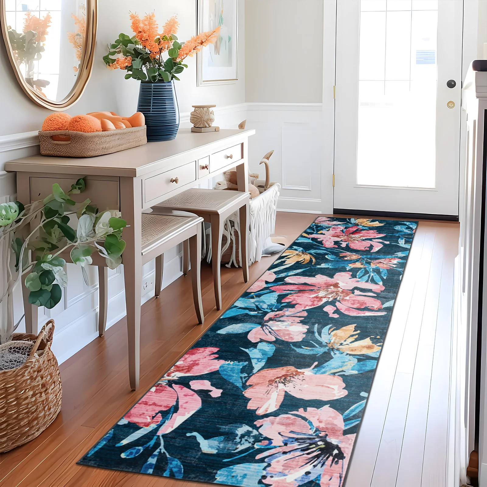 Dark Blue Hallway Runner Non Slip Modern Floor Rugs Floral Washable Mat 80x300cm - Image 3