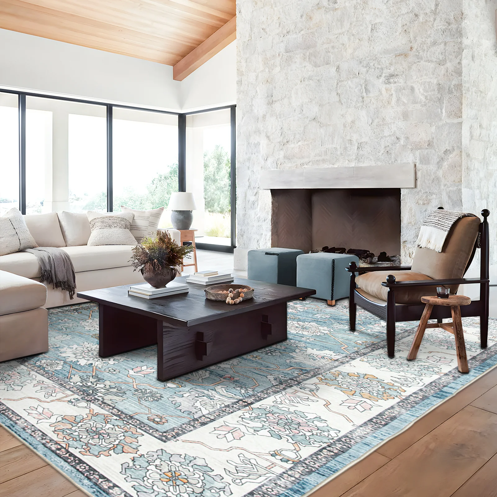 Extra Large Rug Light Blue Peony Distressed Classic Lounges Carpet Runner Machine Washable - Image 10