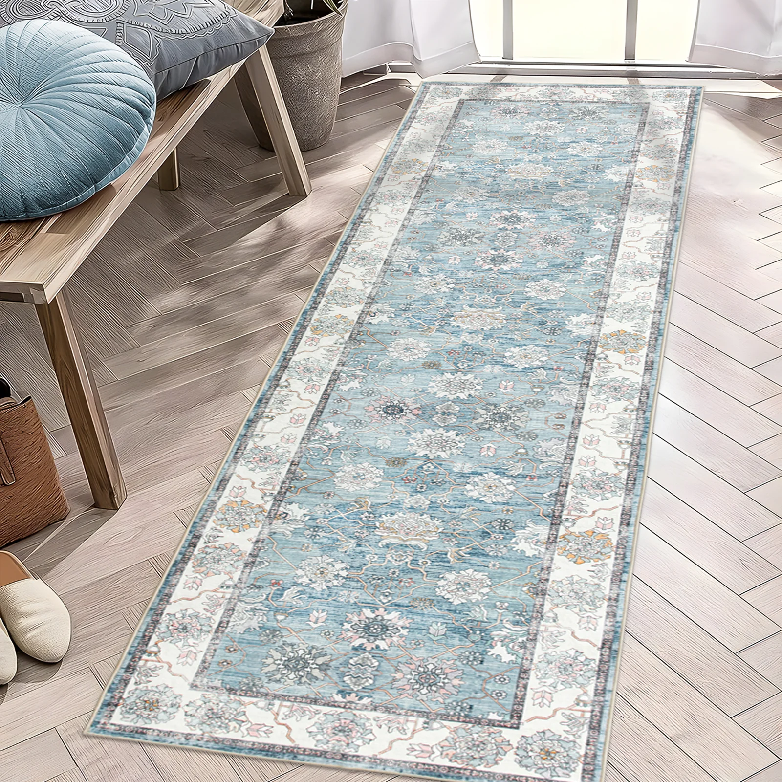 Extra Large Rug Light Blue Peony Distressed Classic Lounges Carpet Runner Machine Washable - Image 12