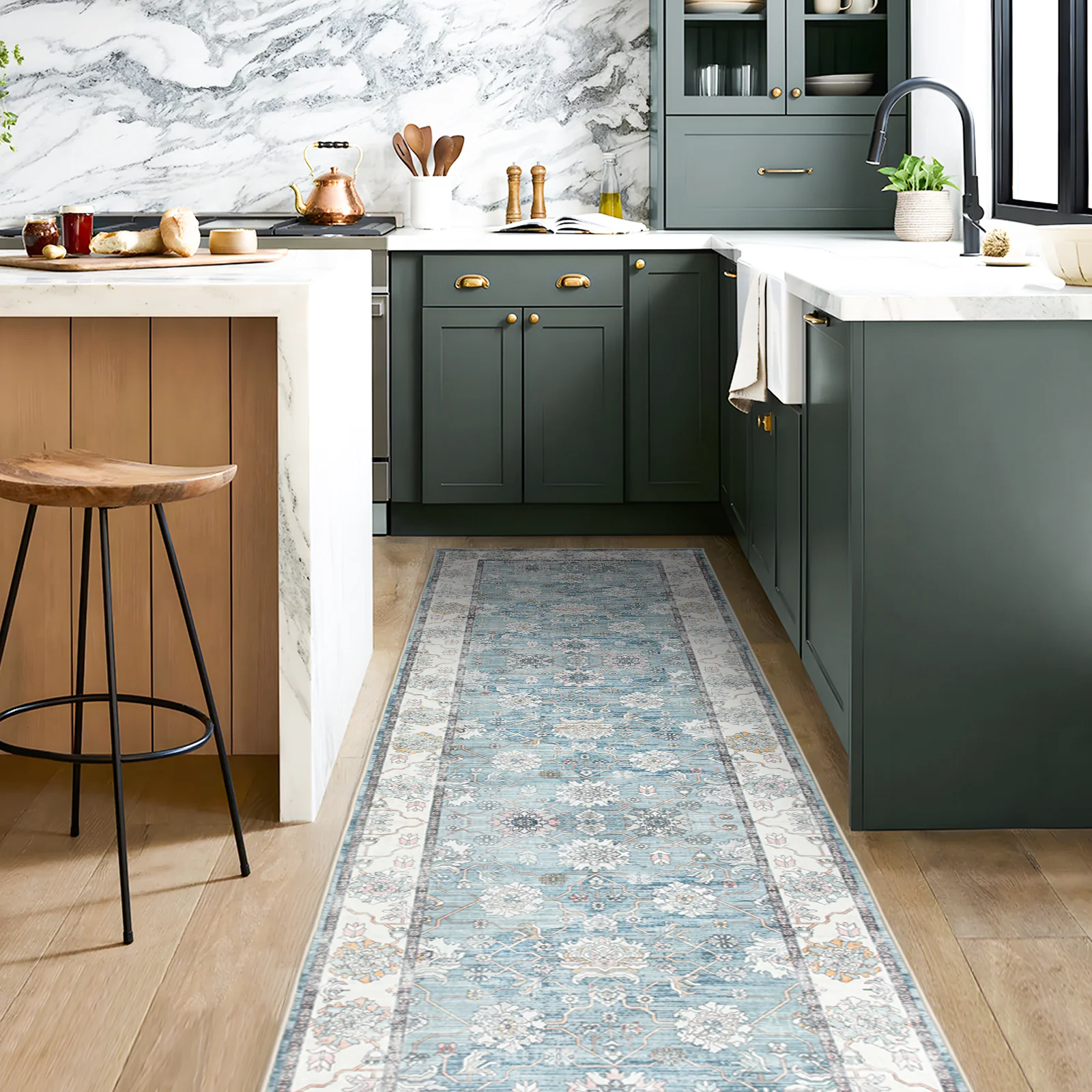 Extra Large Rug Light Blue Peony Distressed Classic Lounges Carpet Runner Machine Washable - Image 14