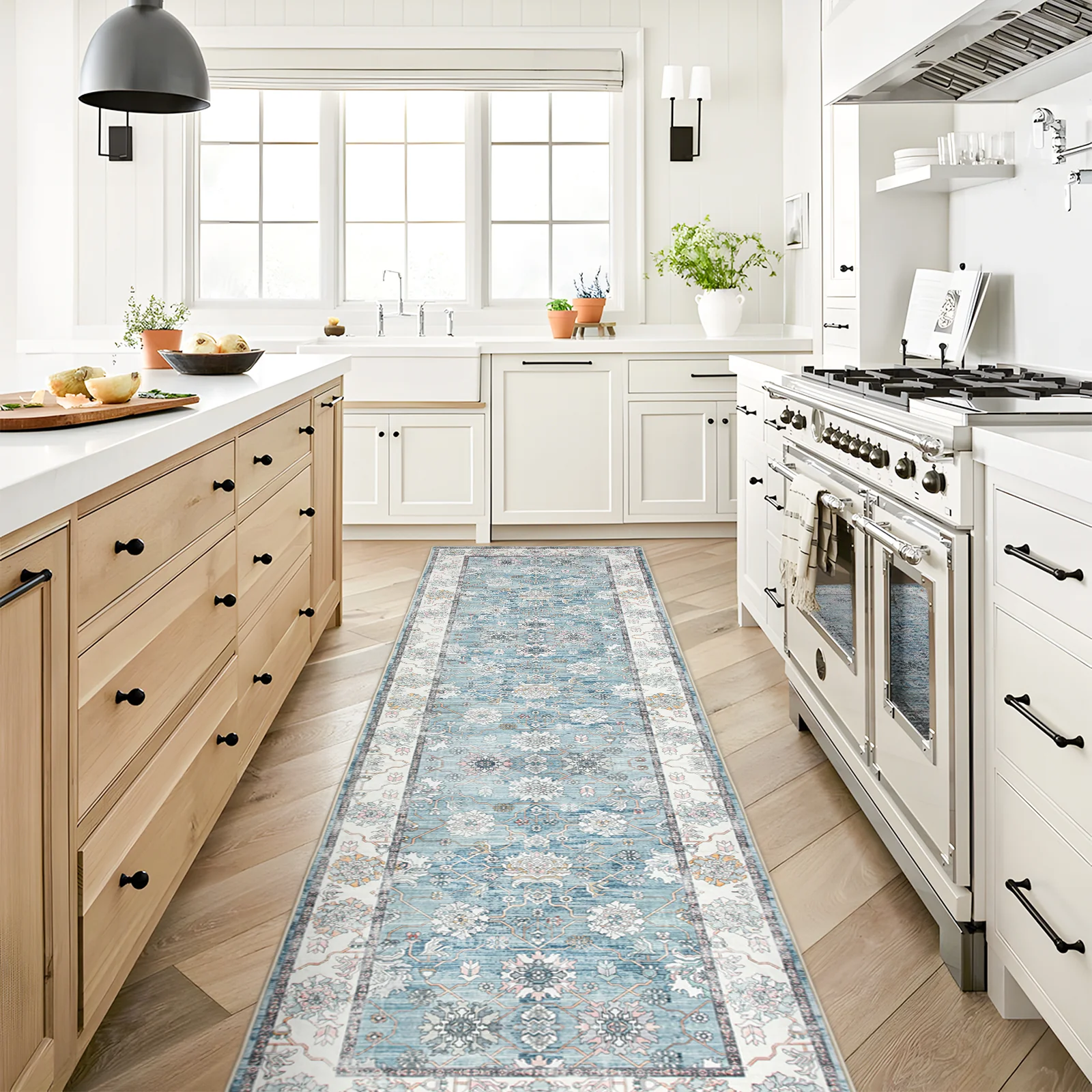 Extra Large Rug Light Blue Peony Distressed Classic Lounges Carpet Runner Machine Washable - Image 15