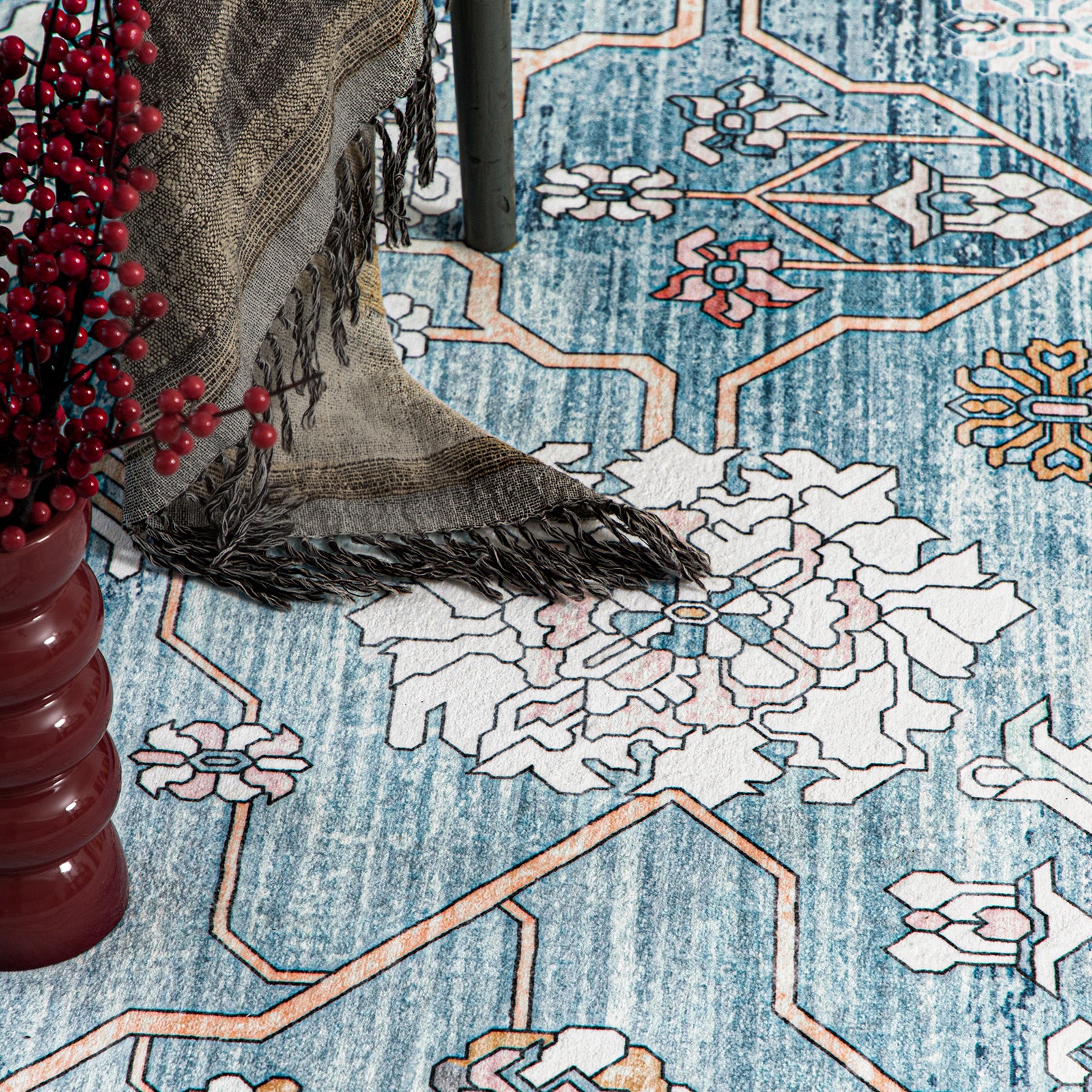 Extra Large Rug Light Blue Peony Distressed Classic Lounges Carpet Runner Machine Washable - Image 16