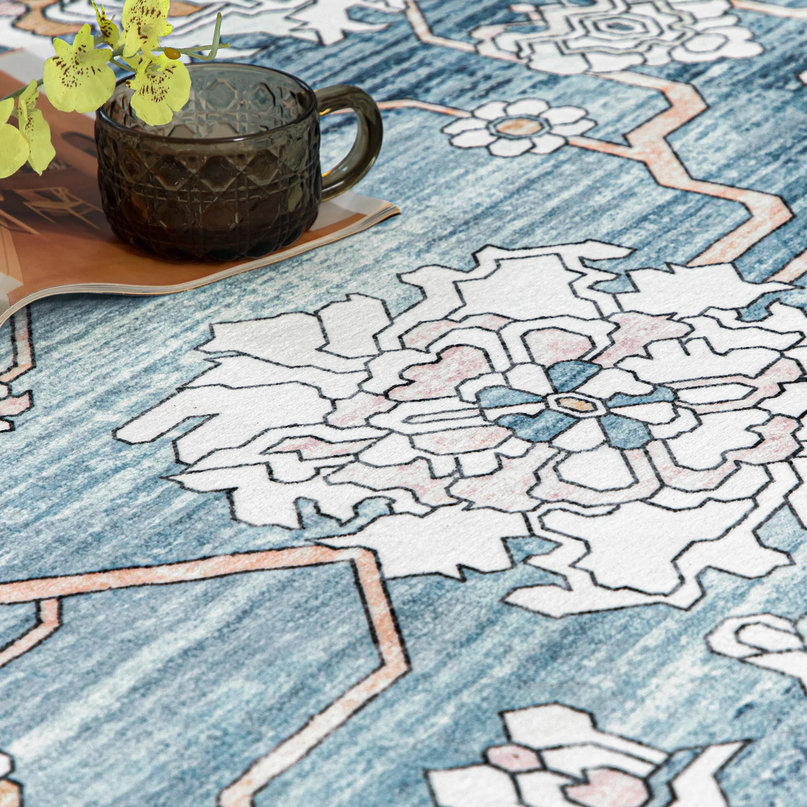 Extra Large Rug Light Blue Peony Distressed Classic Lounges Carpet Runner Machine Washable - Image 19