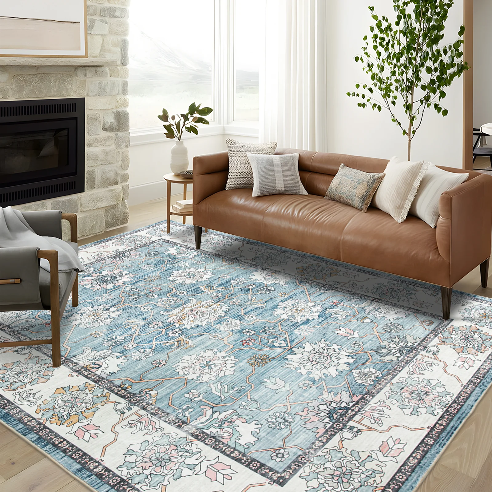 Extra Large Rug Light Blue Peony Distressed Classic Lounges Carpet Runner Machine Washable - Image 3