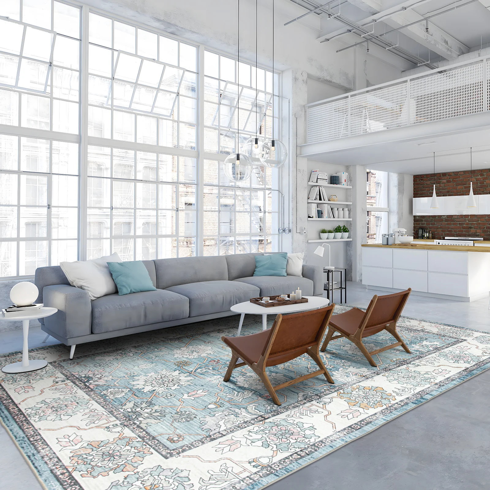 Extra Large Rug Light Blue Peony Distressed Classic Lounges Carpet Runner Machine Washable - Image 4