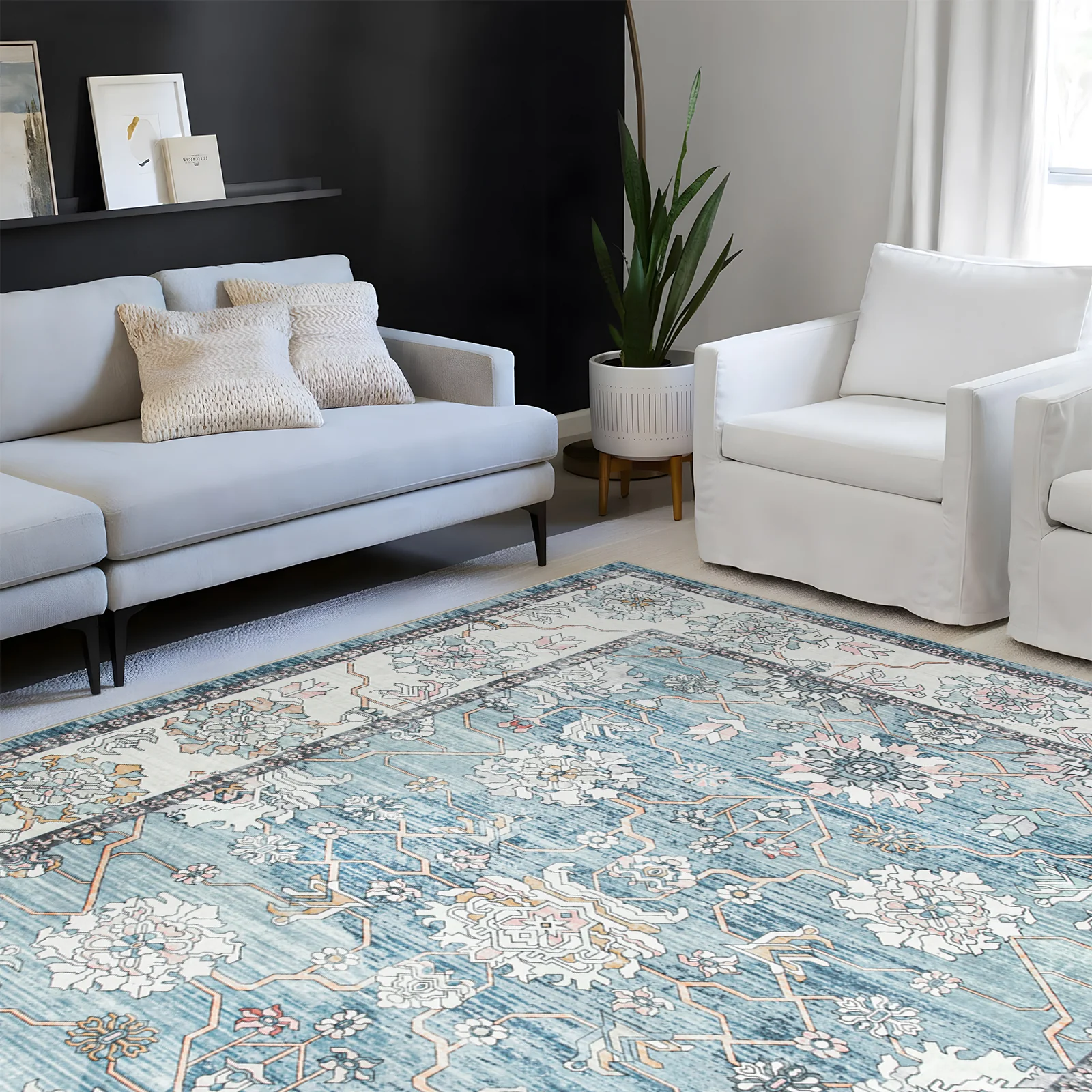Extra Large Rug Light Blue Peony Distressed Classic Lounges Carpet Runner Machine Washable - Image 5