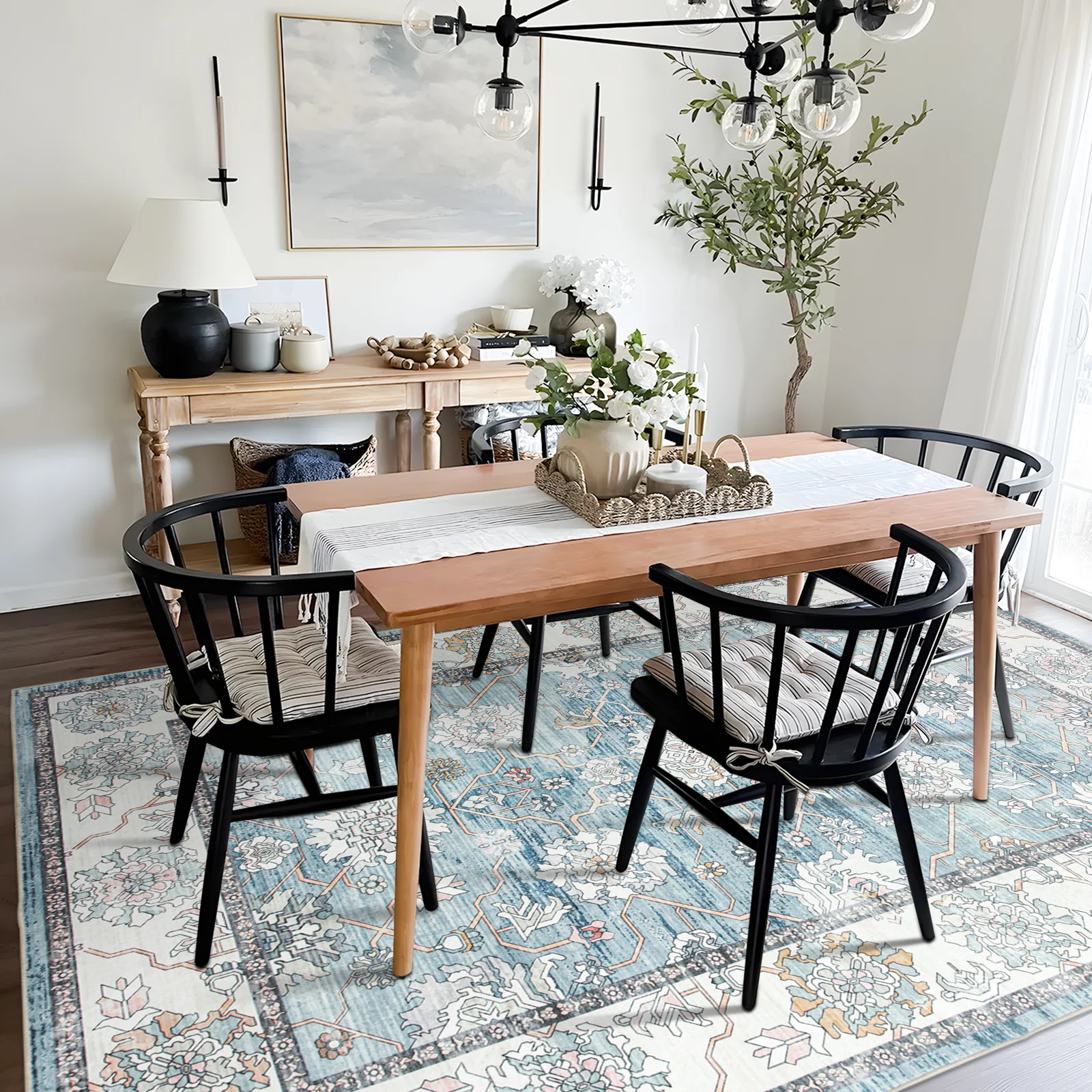 Extra Large Rug Light Blue Peony Distressed Classic Lounges Carpet Runner Machine Washable - Image 6