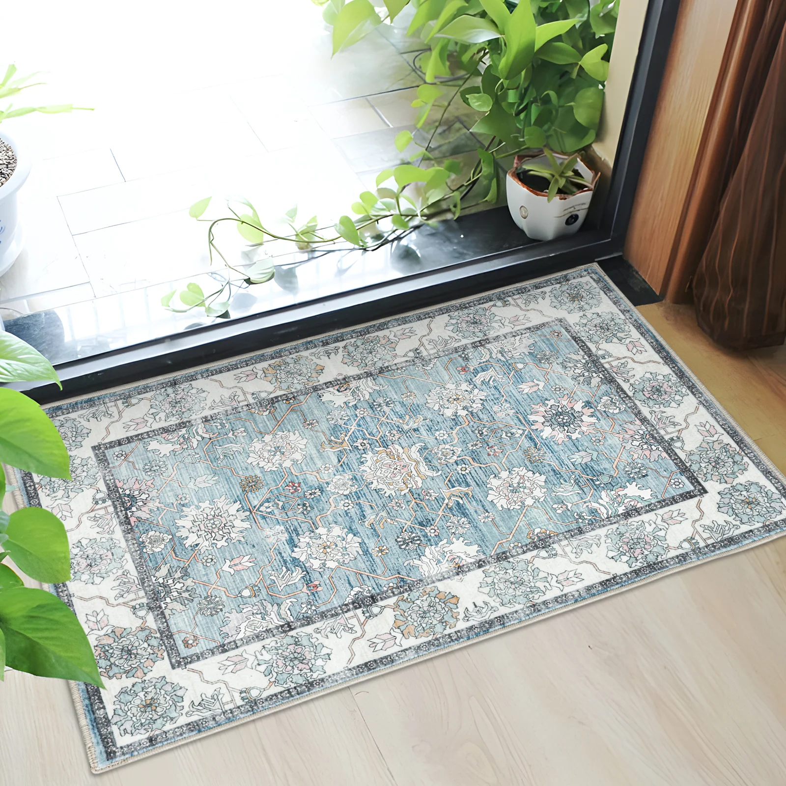 Extra Large Rug Light Blue Peony Distressed Classic Lounges Carpet Runner Machine Washable - Image 7