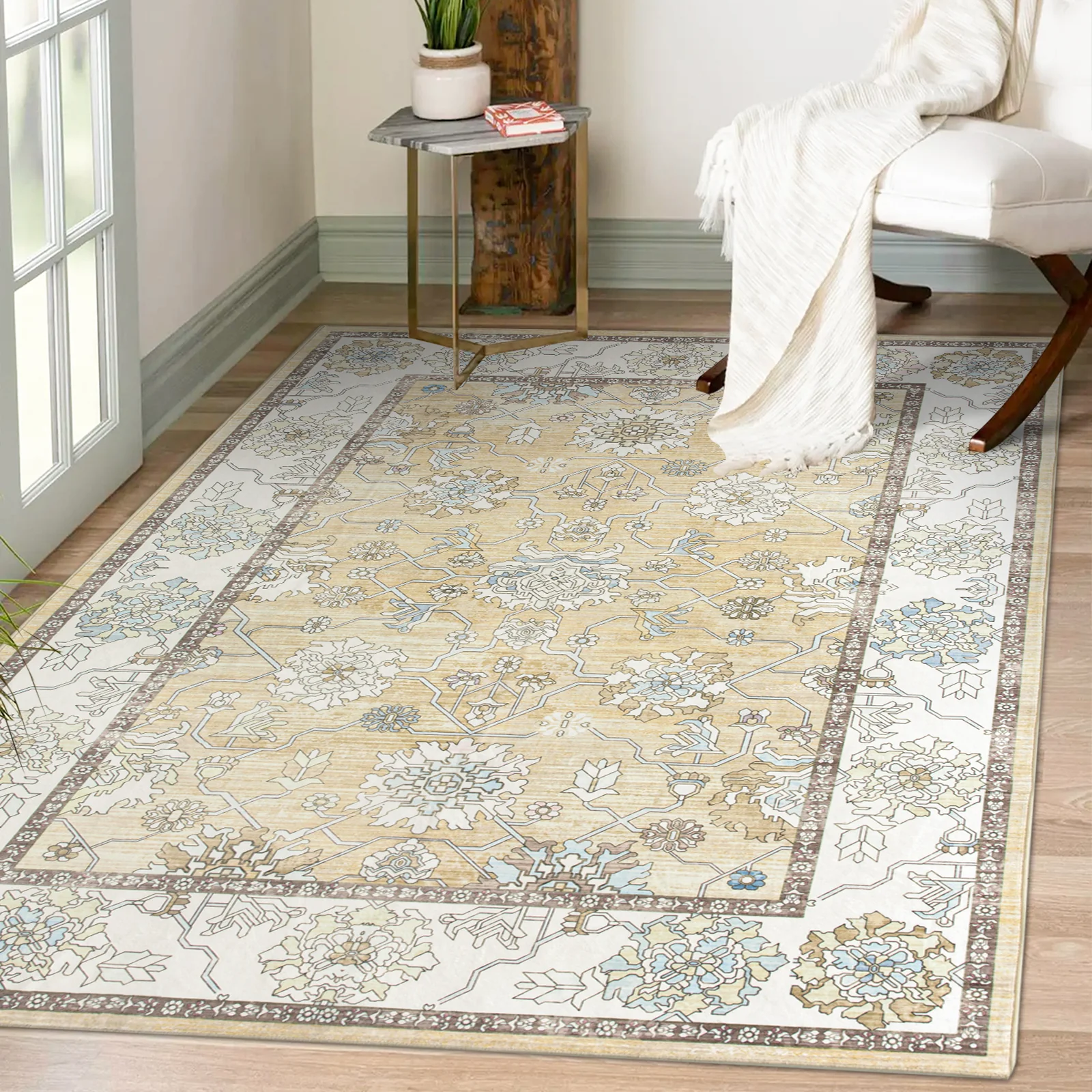 Extra Large Soft Gold Beige Modern Classic Carpet Vintage Hallway Runner Machine Washable - Image 3