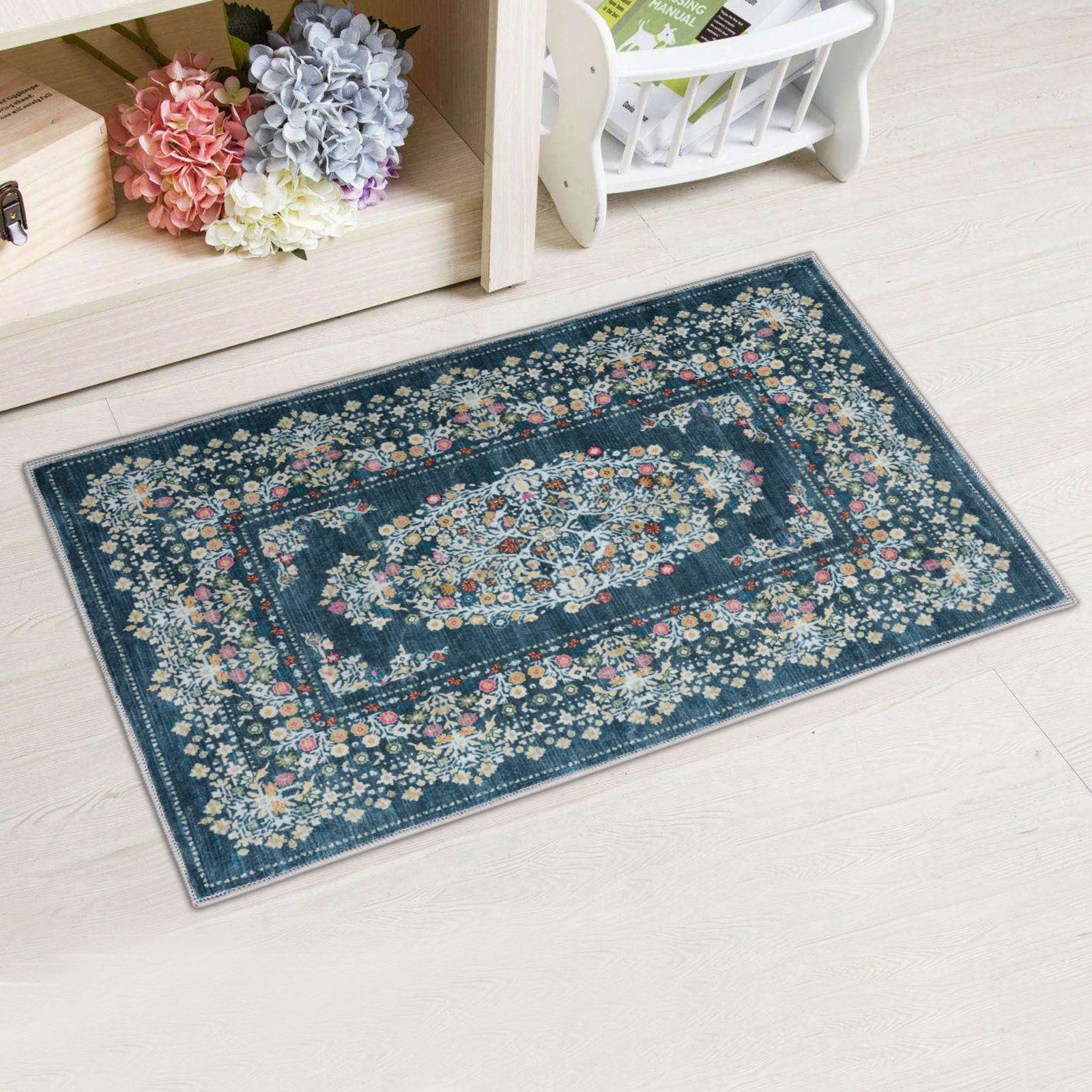 Flash Deal Extra Large Area Rug Teal Turquoise Blue Soft Floral Machine Washable Carpet Runner Mat - Image 8