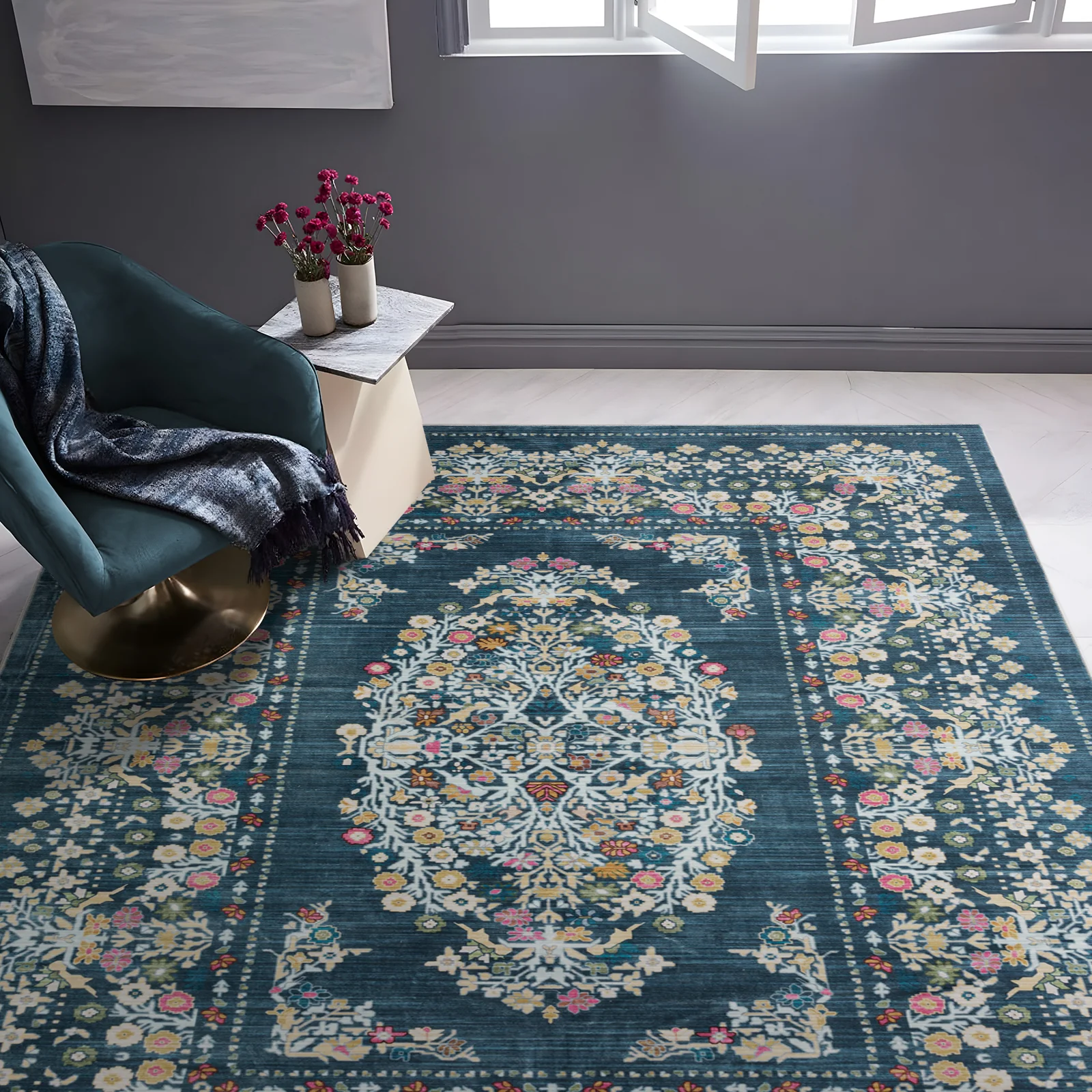 Flash Deal Extra Large Area Rug Teal Turquoise Blue Soft Floral Machine Washable Carpet Runner Mat - Image 9