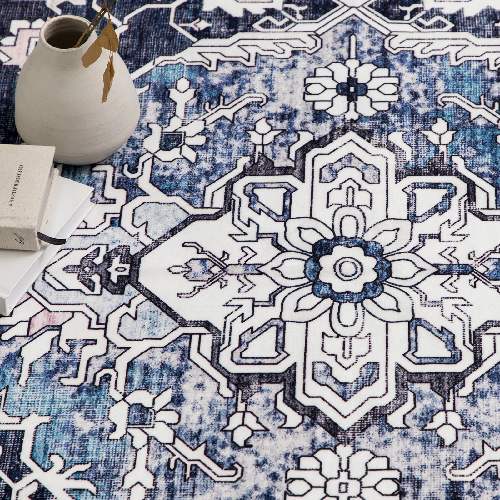 Extra Large Rug Shimmering Navy Blue Blooming Allover Medallion Carpet Machine Washable - Image 14
