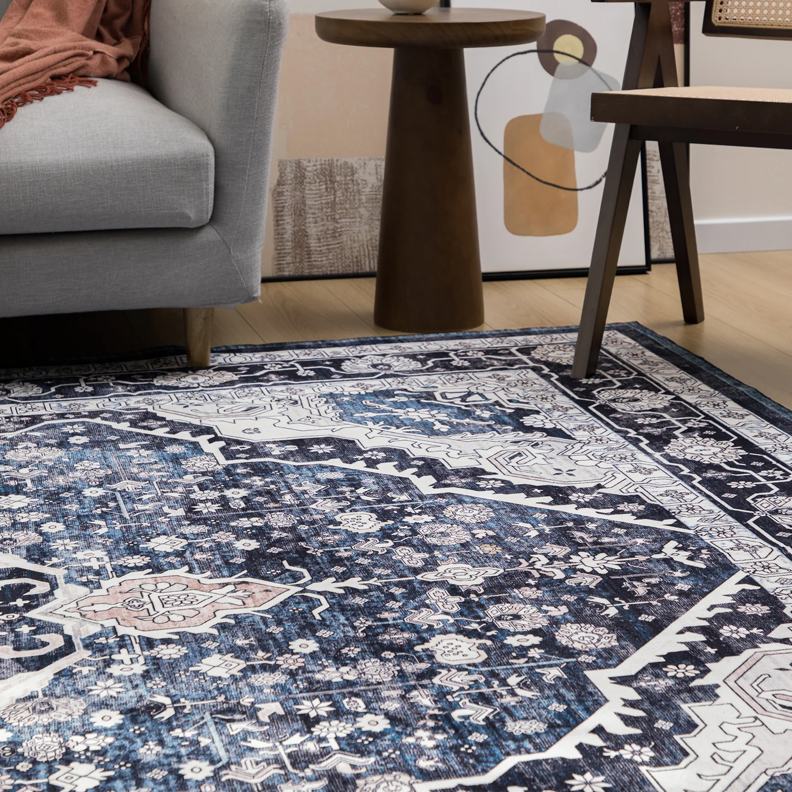 Extra Large Rug Shimmering Navy Blue Blooming Allover Medallion Carpet Machine Washable - Image 15