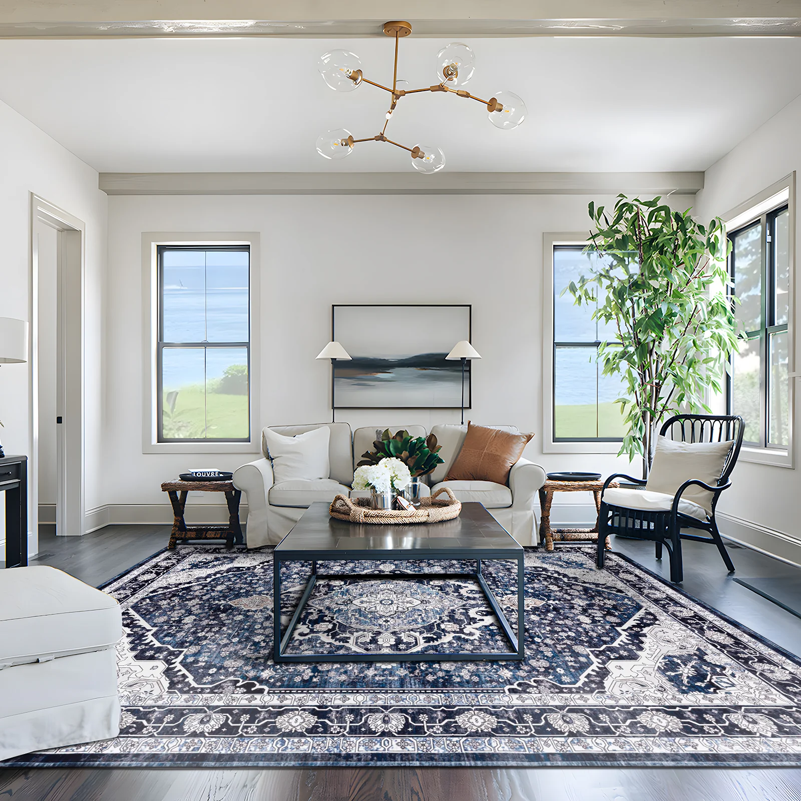 Extra Large Rug Shimmering Navy Blue Blooming Allover Medallion Carpet Machine Washable - Image 2