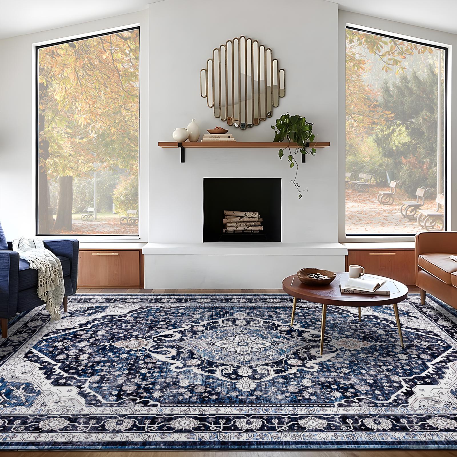 Extra Large Rug Shimmering Navy Blue Blooming Allover Medallion Carpet Machine Washable - Image 3