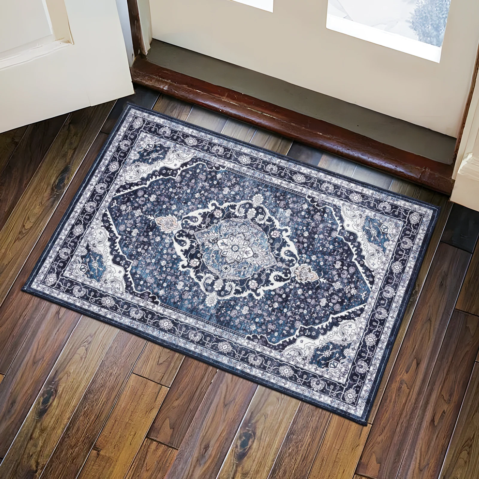 Extra Large Rug Shimmering Navy Blue Blooming Allover Medallion Carpet Machine Washable - Image 7