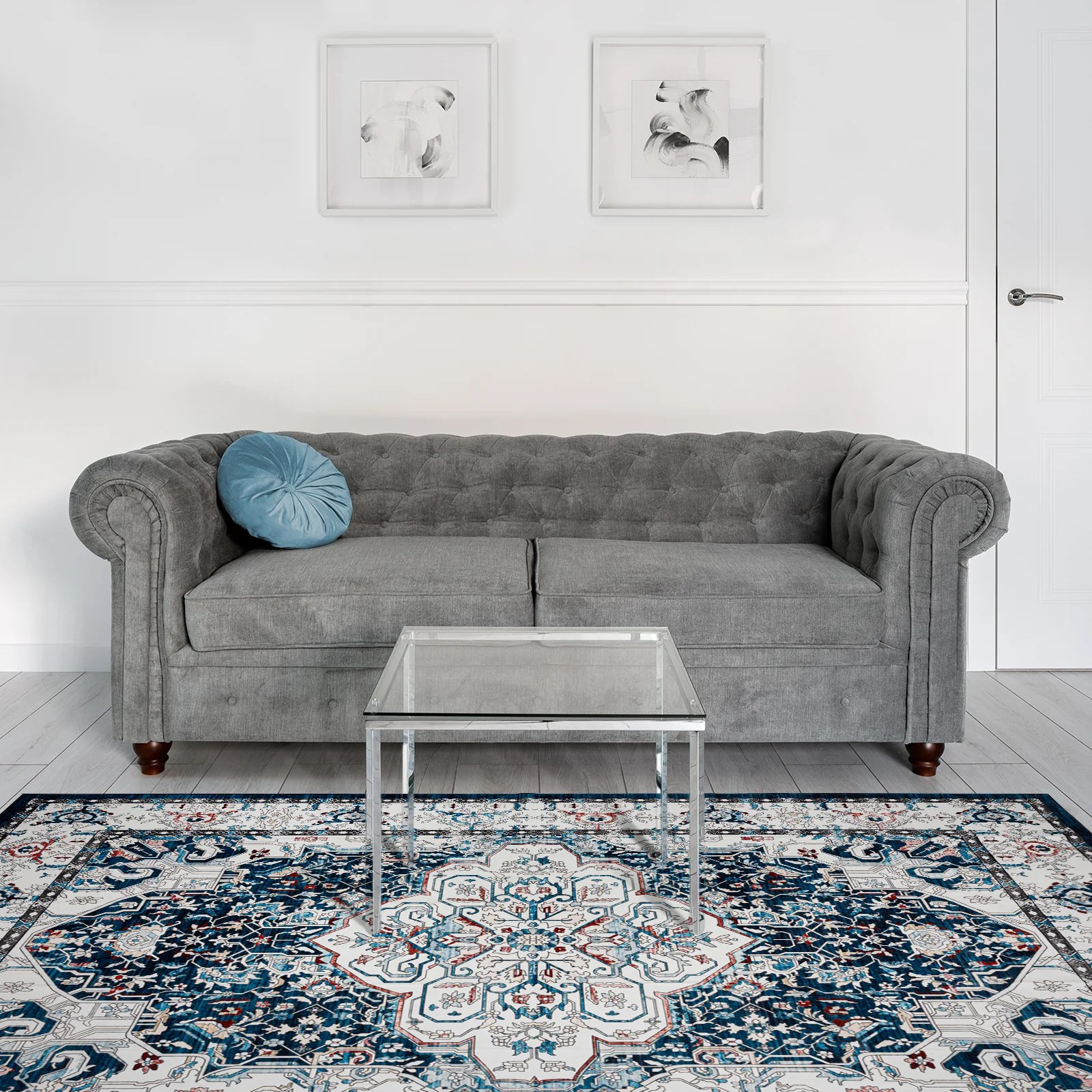 Last 9 Pcs Extra Large Floor Rug Indigo Beautiful Medallion Vintage Carpet Machine Washable Mat - Image 3