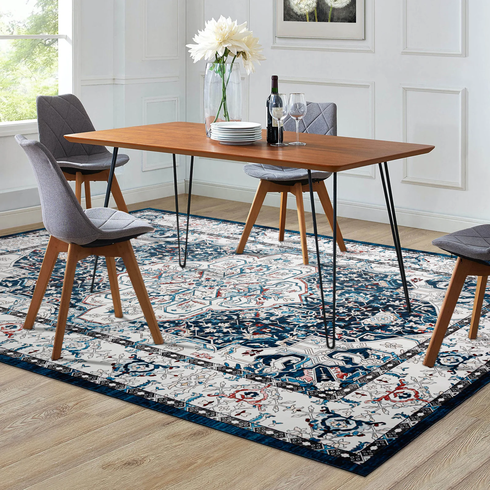 Last 9 Pcs Extra Large Floor Rug Indigo Beautiful Medallion Vintage Carpet Machine Washable Mat - Image 4